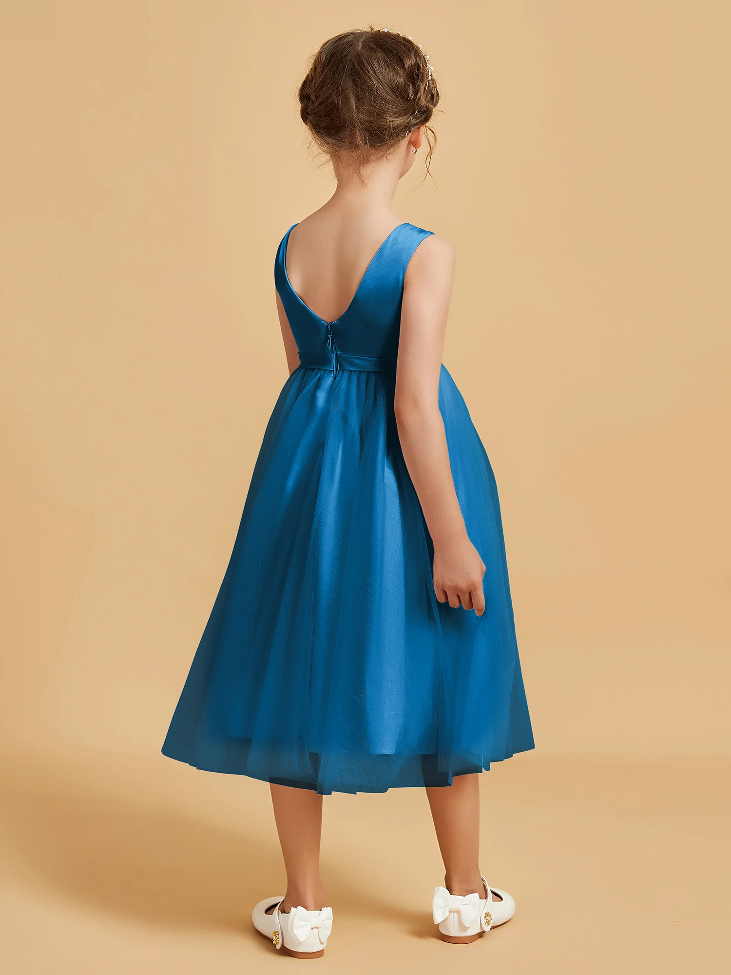 Sleeveless Satin Pleated Girl's Dress Ocean Blue - Image 2