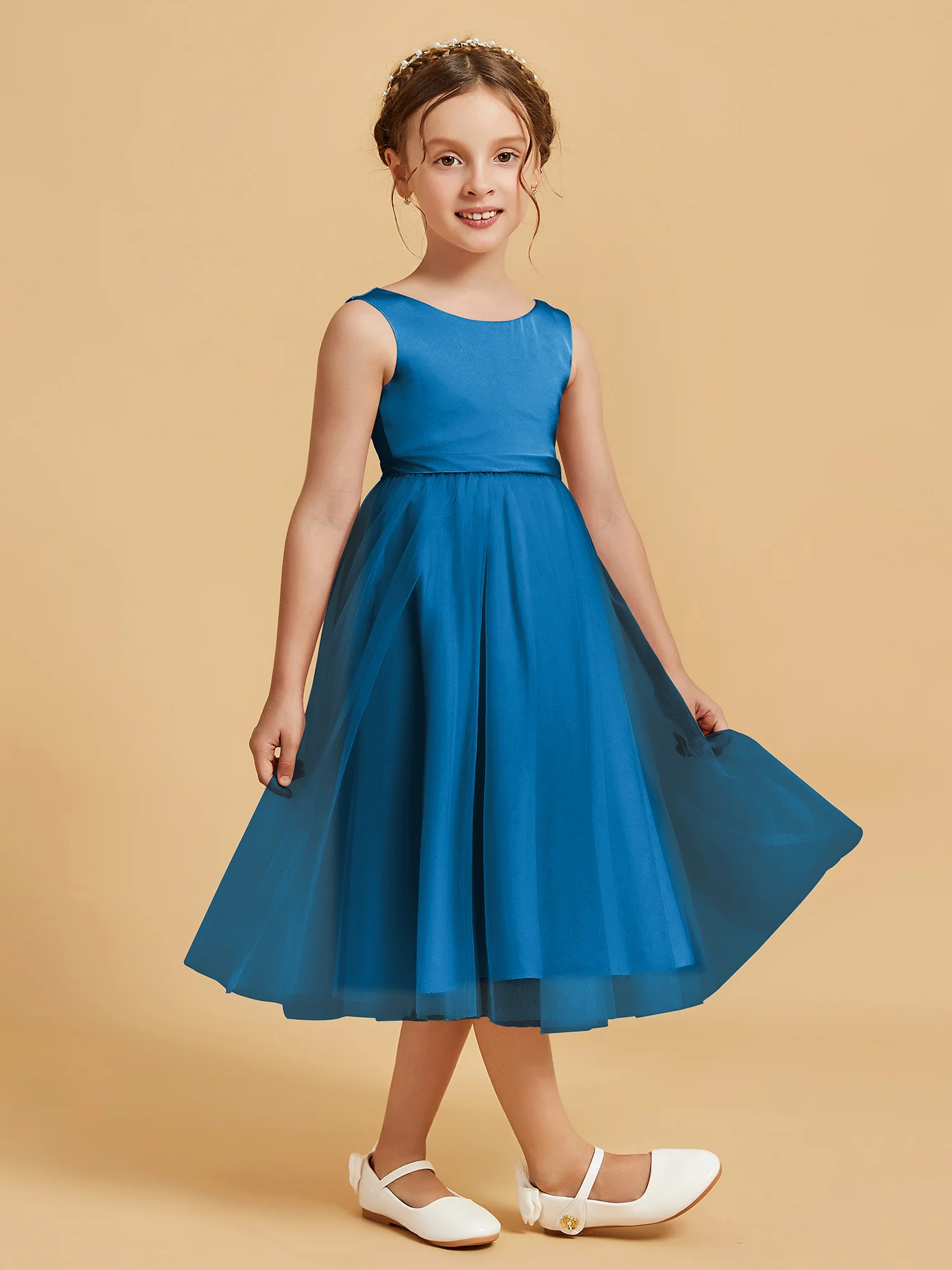Sleeveless Satin Pleated Girl's Dress Ocean Blue - Image 3