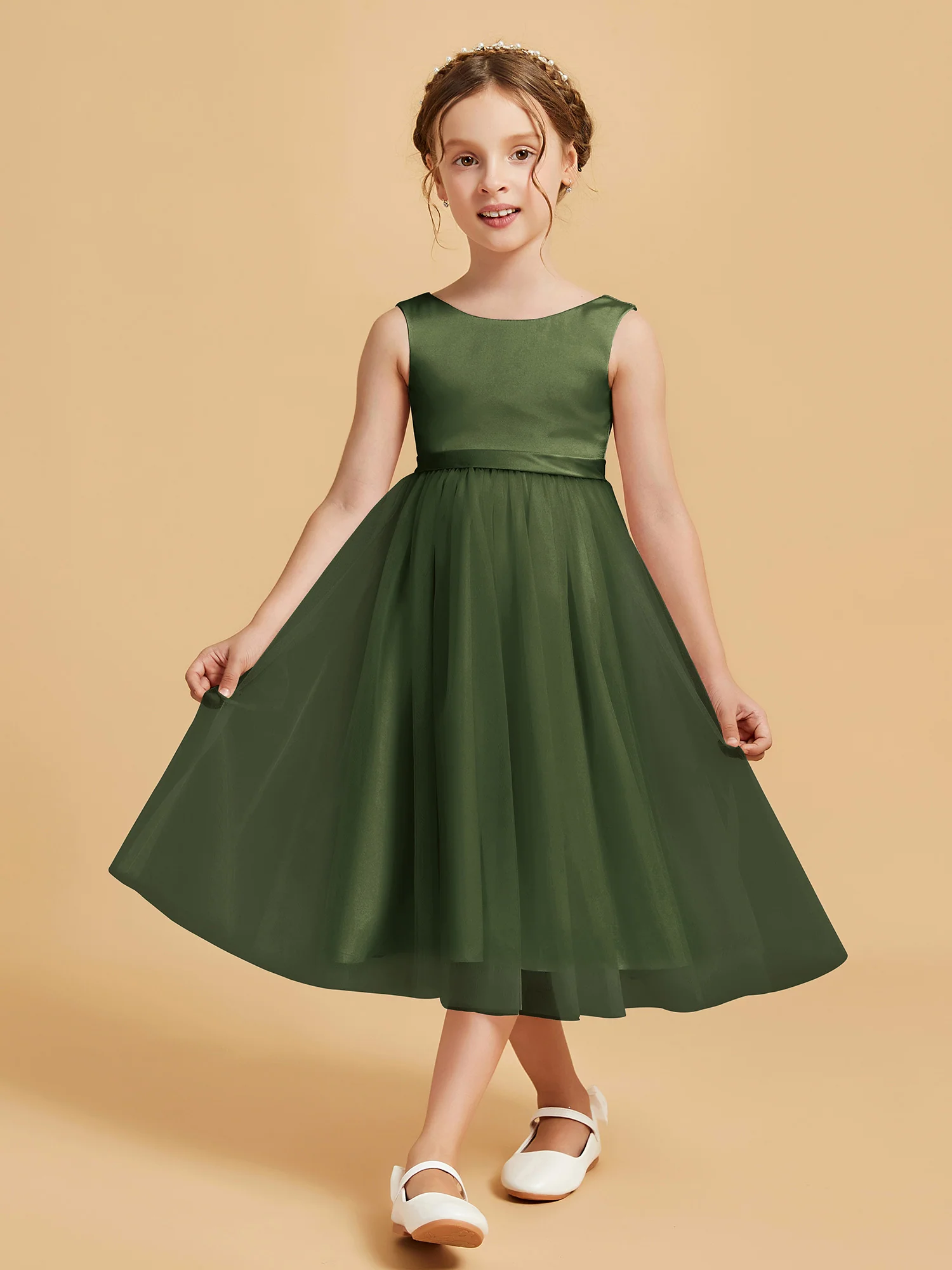 Sleeveless Satin Pleated Girl's Dress Olive Green