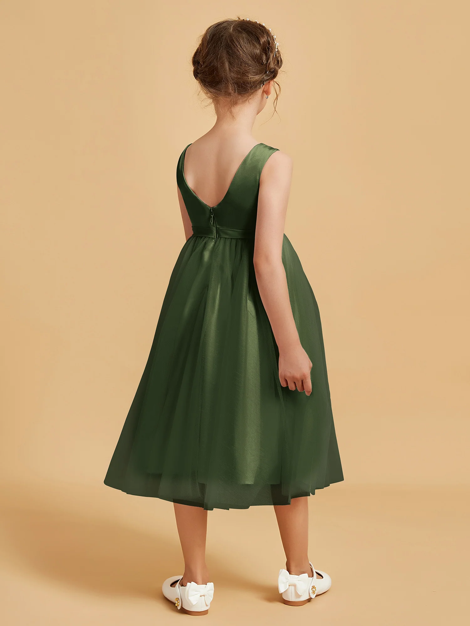 Sleeveless Satin Pleated Girl's Dress Olive Green - Image 2