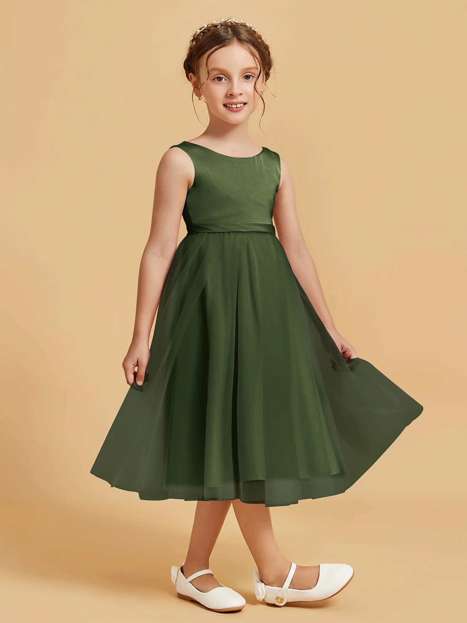 Sleeveless Satin Pleated Girl's Dress Olive Green - Image 3