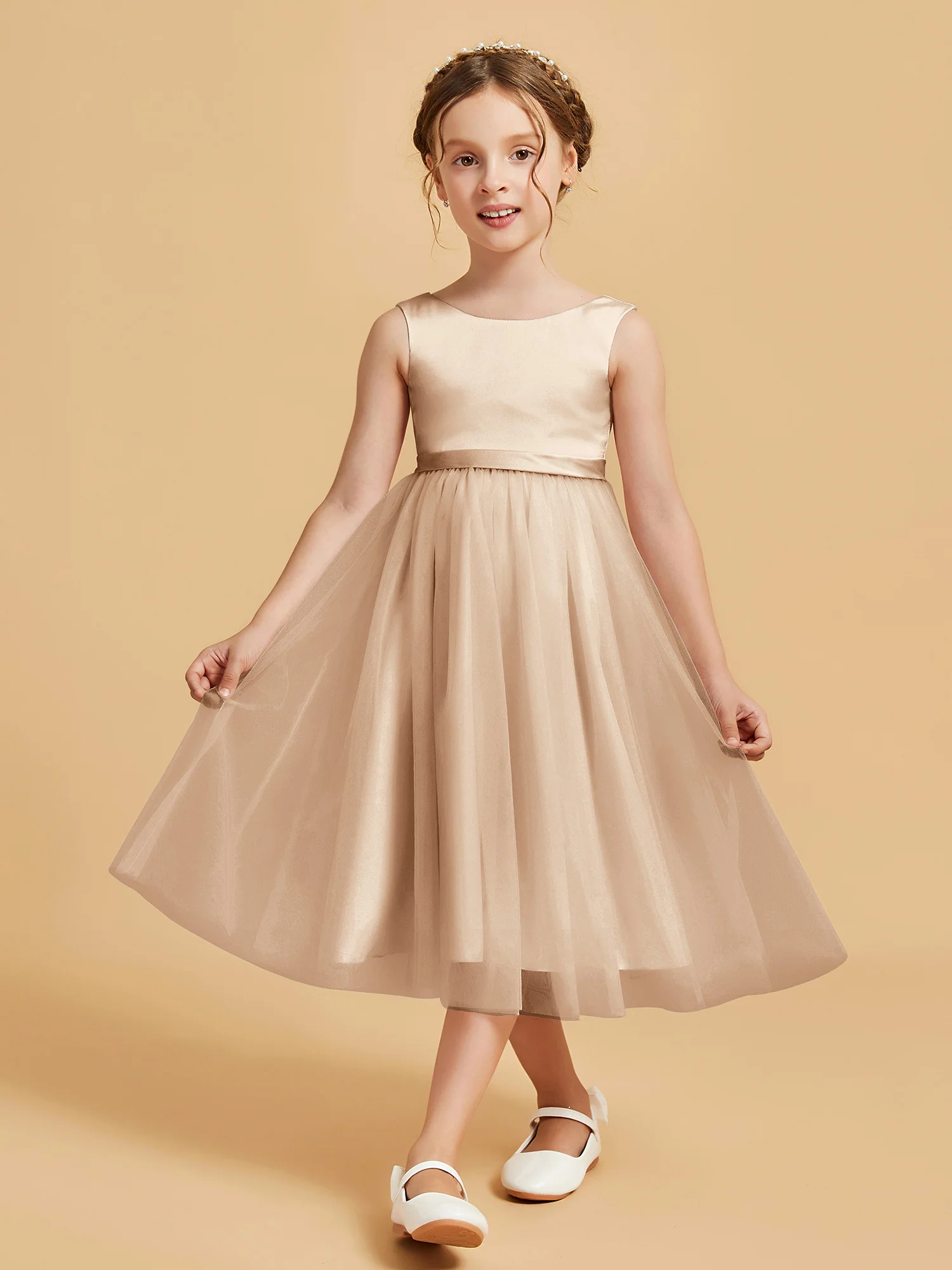 Sleeveless Satin Pleated Girl's Dress Peach