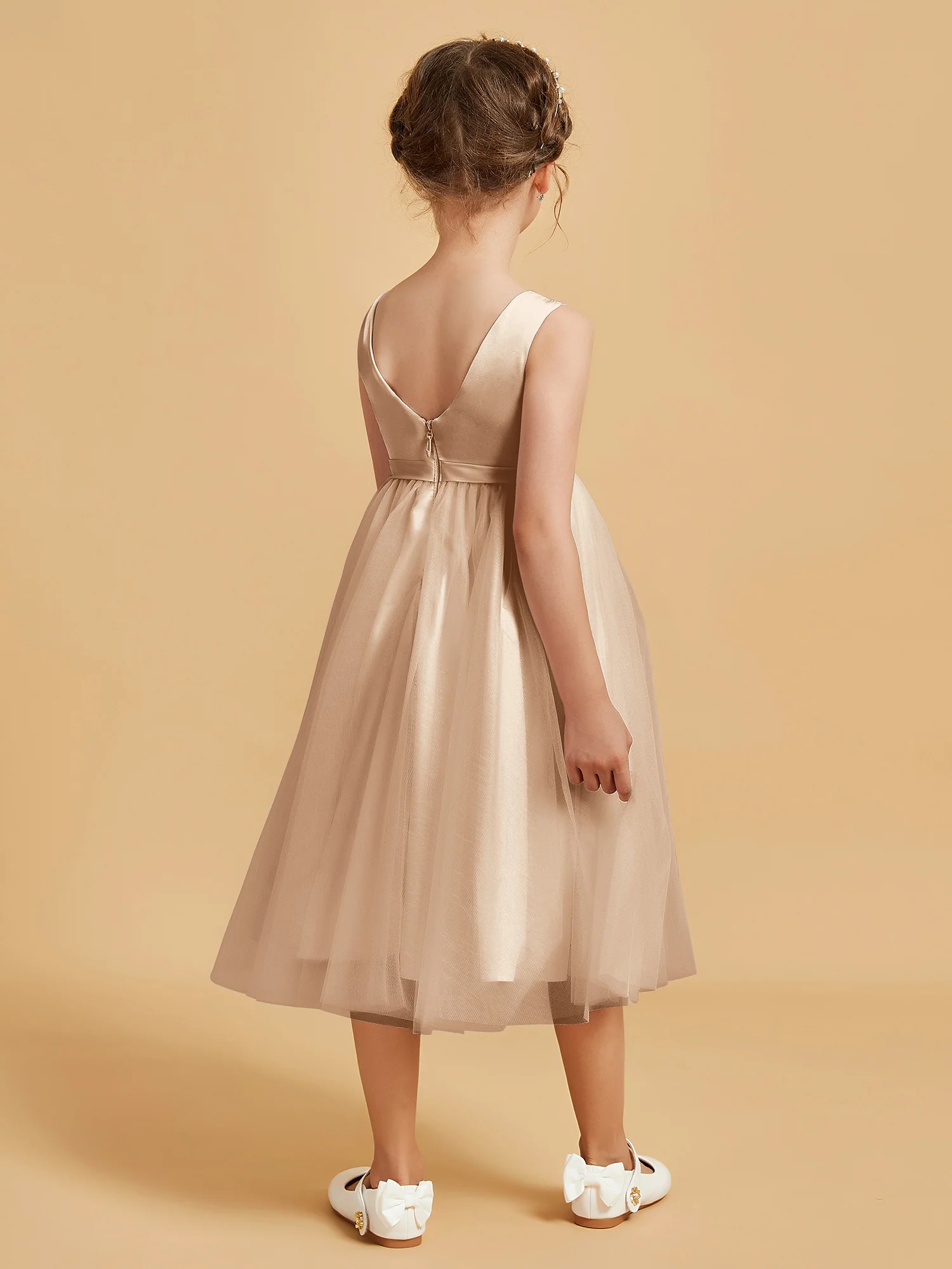 Sleeveless Satin Pleated Girl's Dress Peach - Image 2