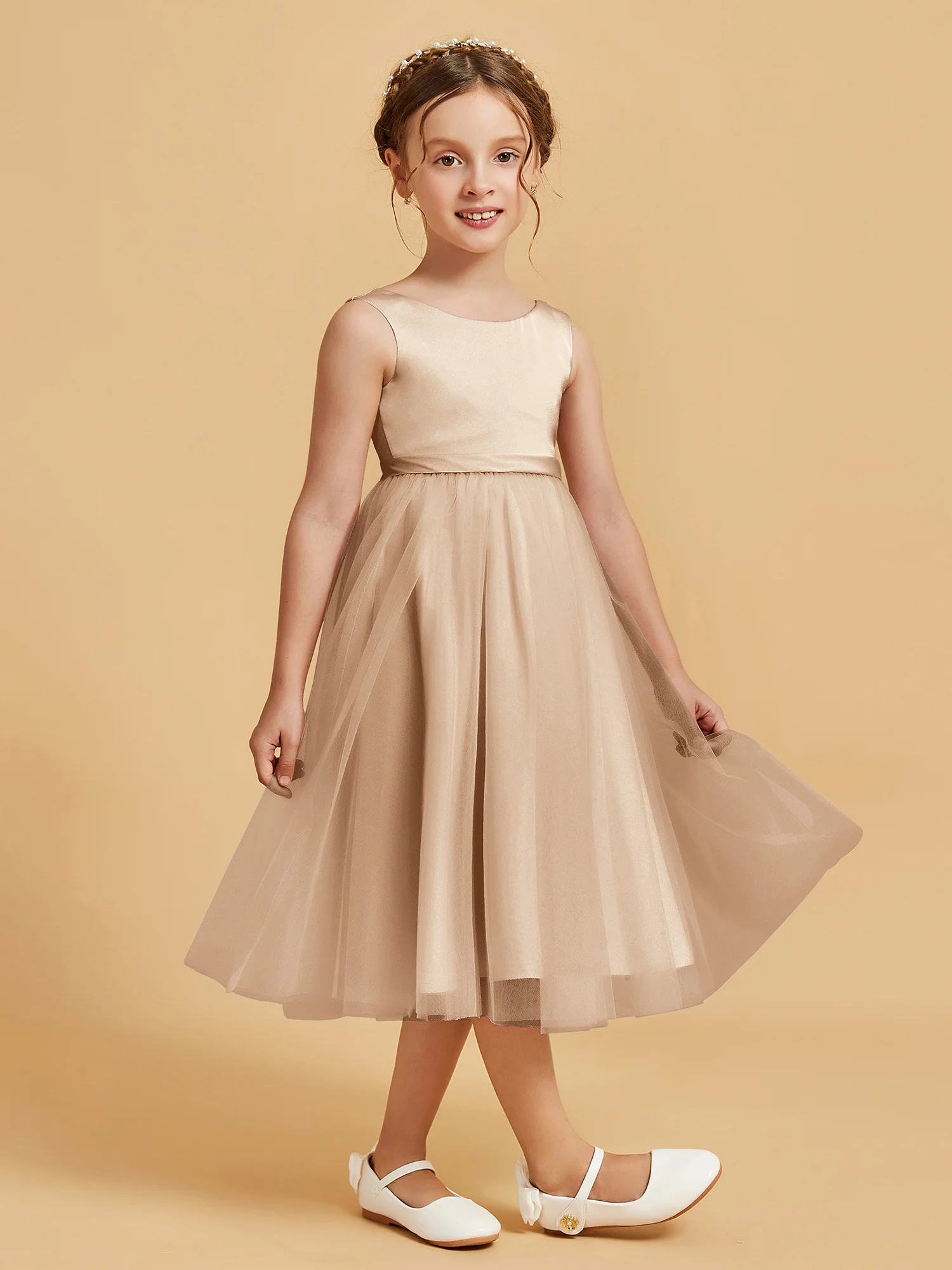 Sleeveless Satin Pleated Girl's Dress Peach - Image 3