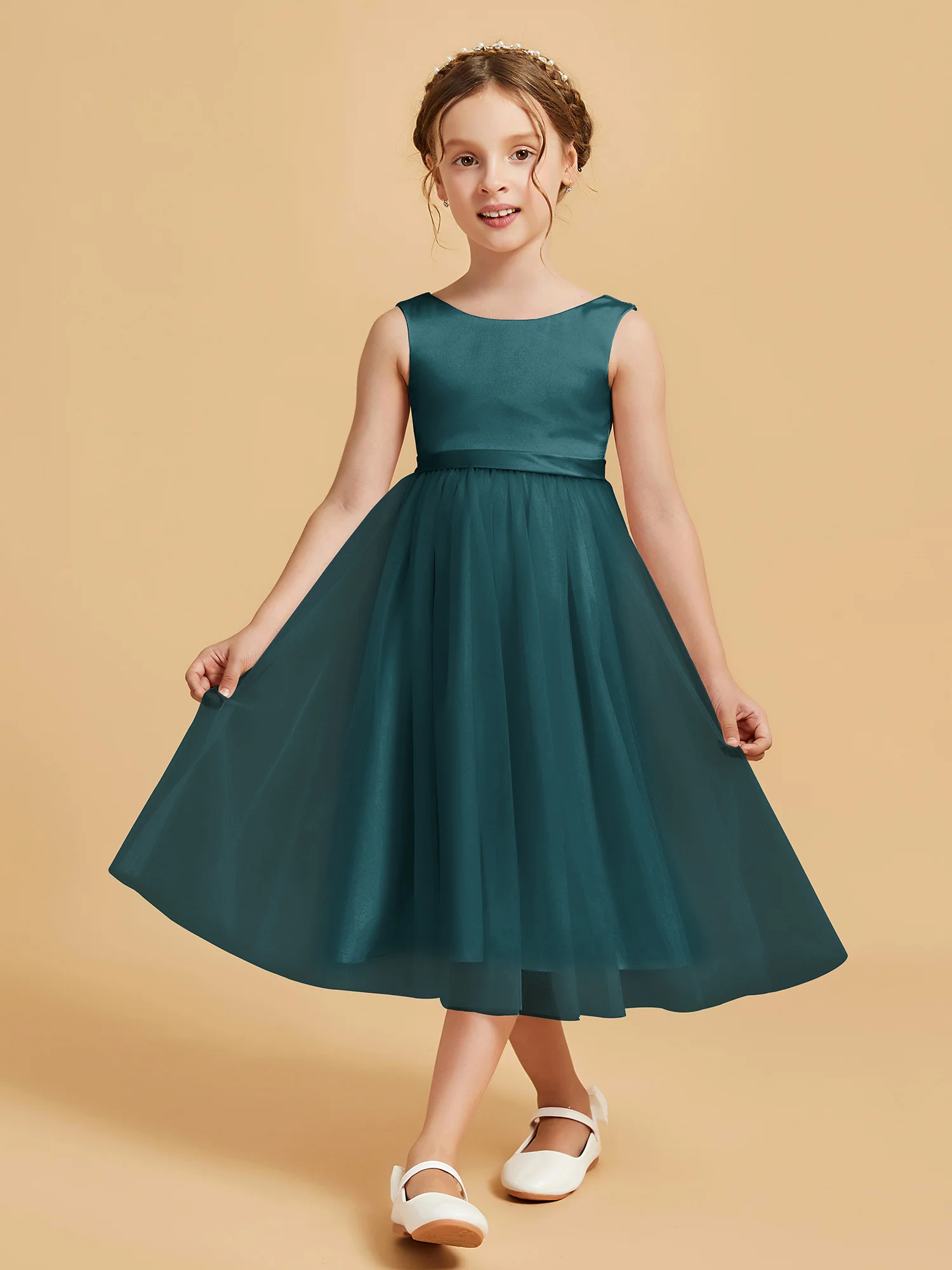 Sleeveless Satin Pleated Girl's Dress Peacock