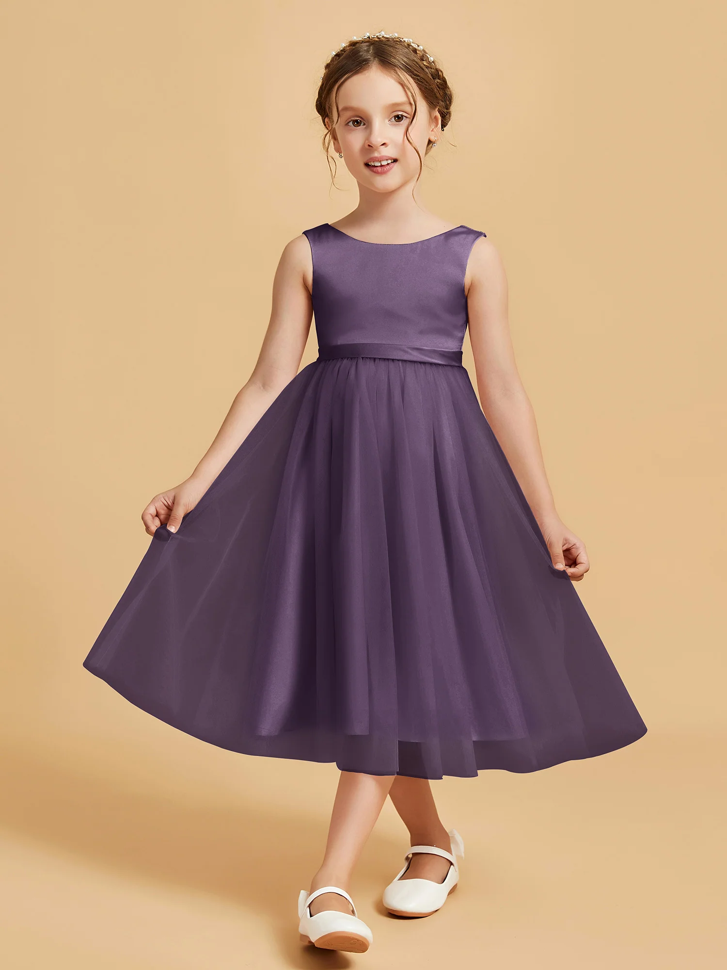 Sleeveless Satin Pleated Girl's Dress Plum