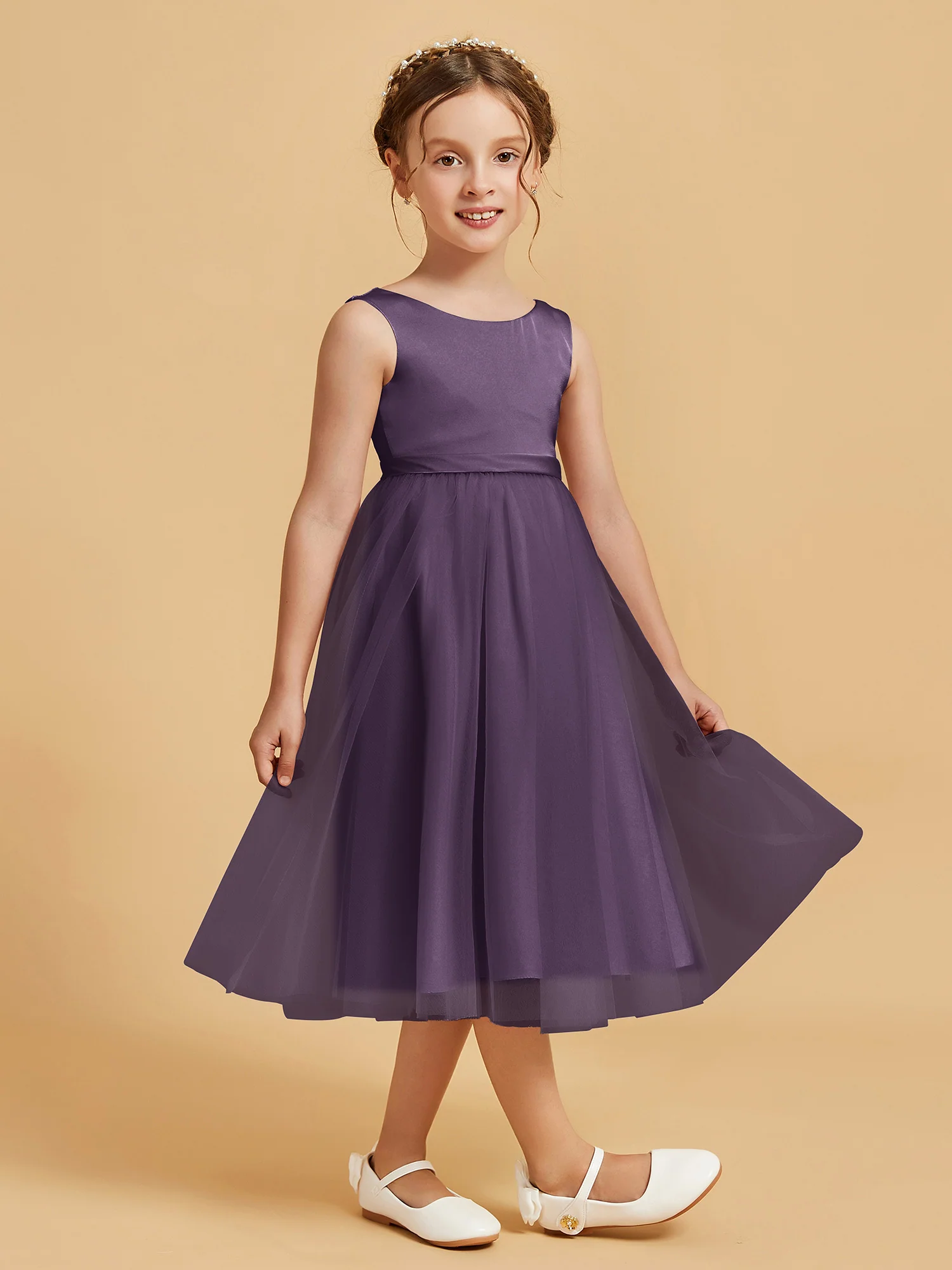Sleeveless Satin Pleated Girl's Dress Plum - Image 3