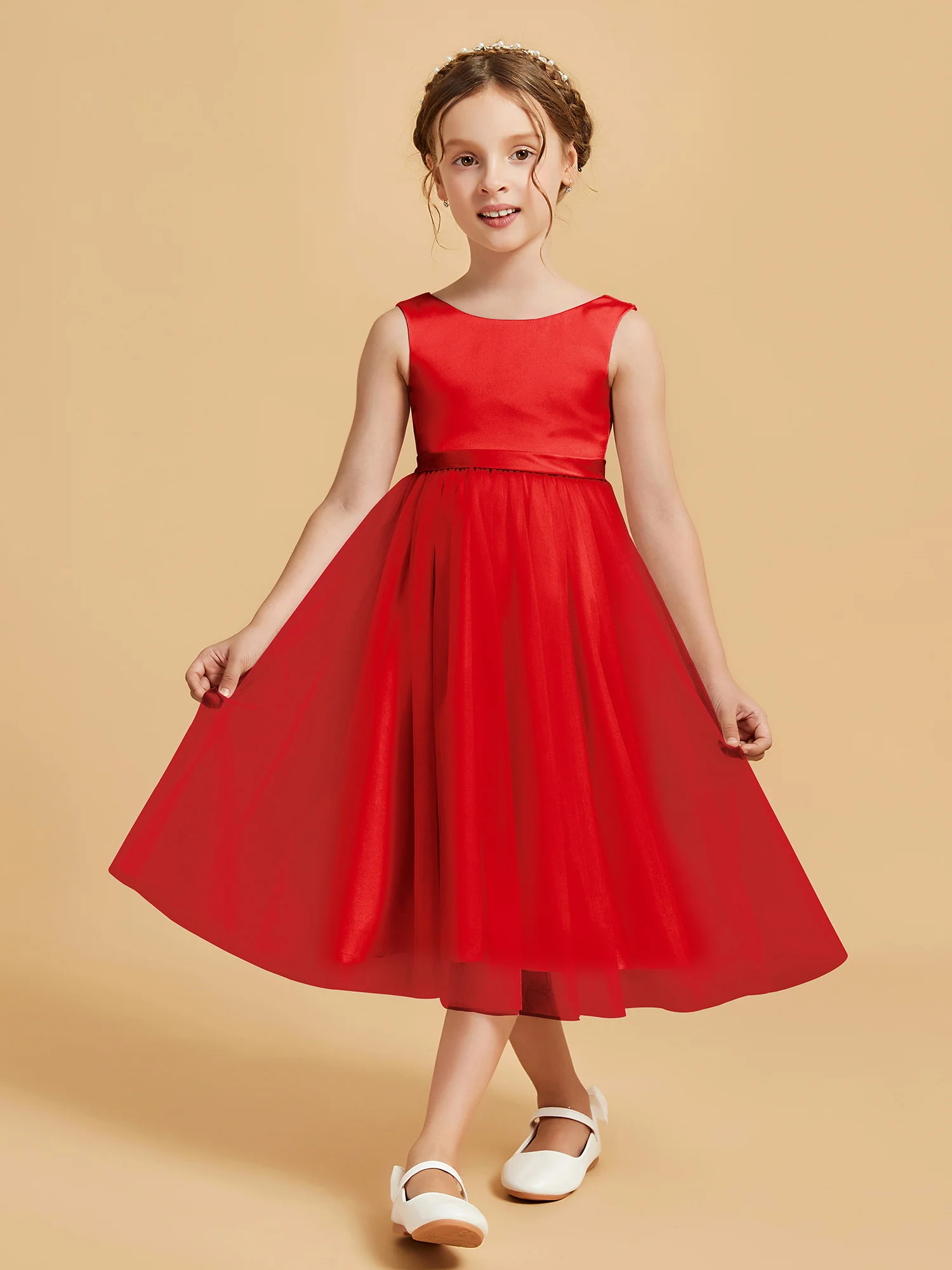 Sleeveless Satin Pleated Girl's Dress Red