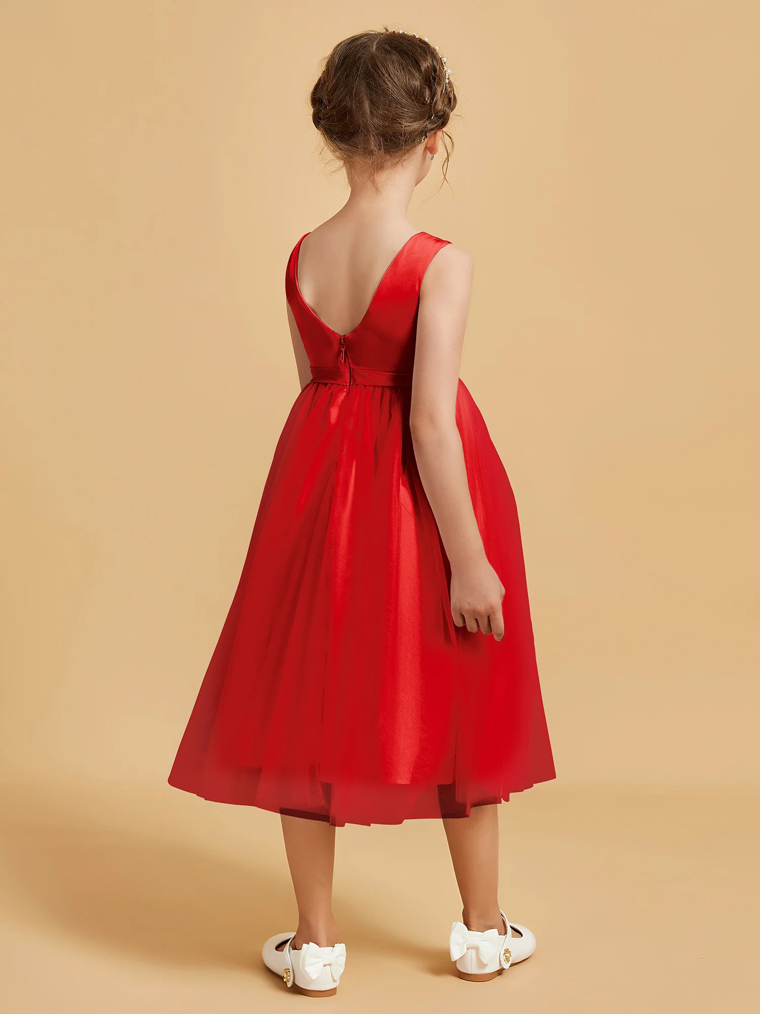 Sleeveless Satin Pleated Girl's Dress Red - Image 2