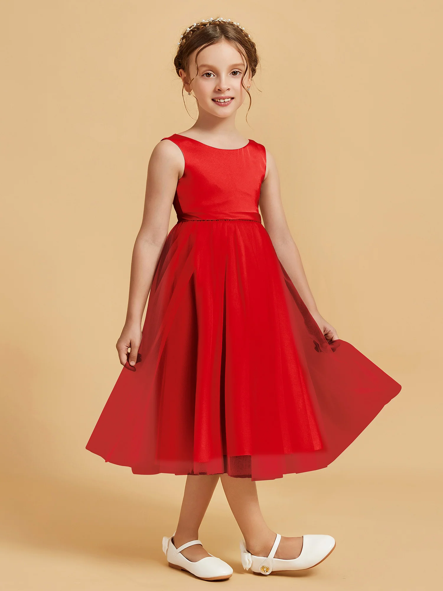 Sleeveless Satin Pleated Girl's Dress Red - Image 3