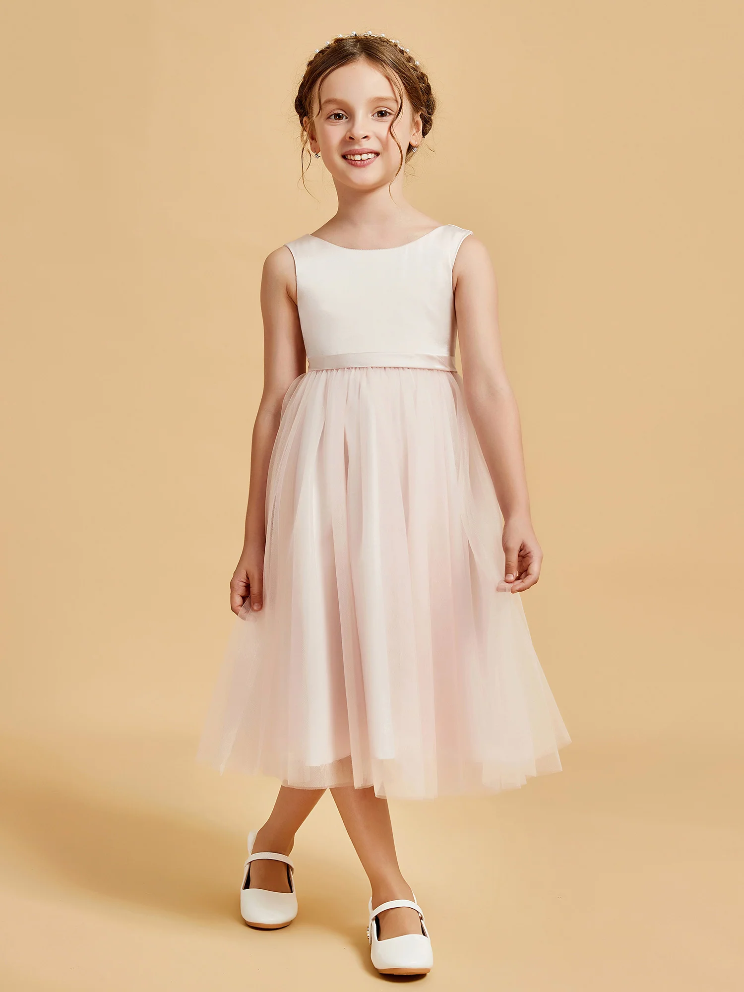 Sleeveless Satin Pleated Girl's Dress Rose Petal - Image 4