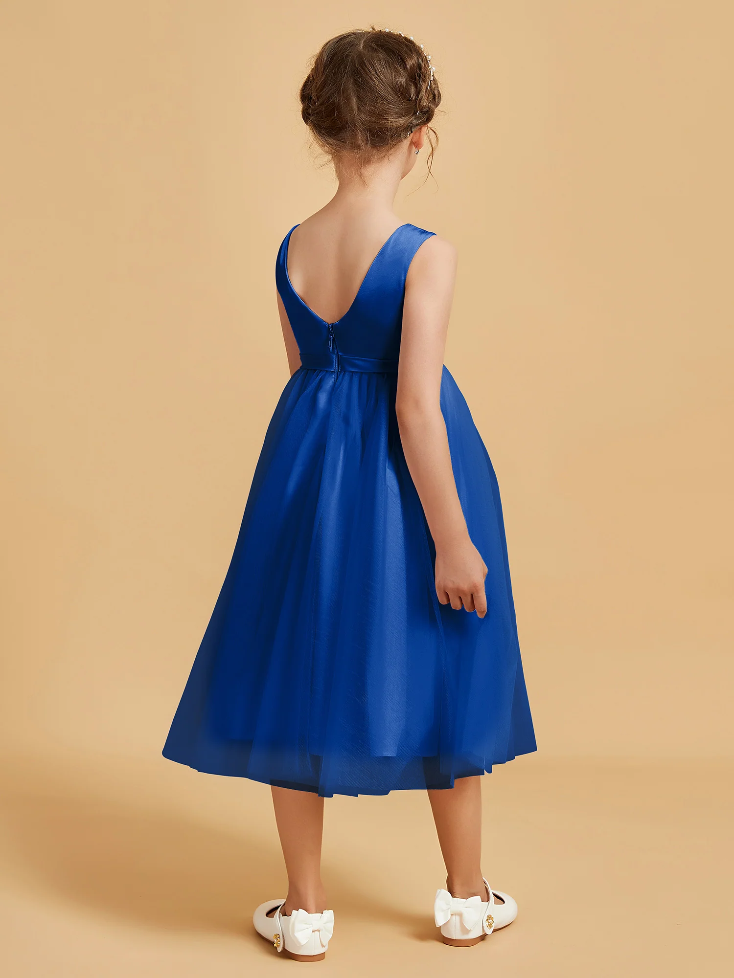 Sleeveless Satin Pleated Girl's Dress Royal Blue - Image 2