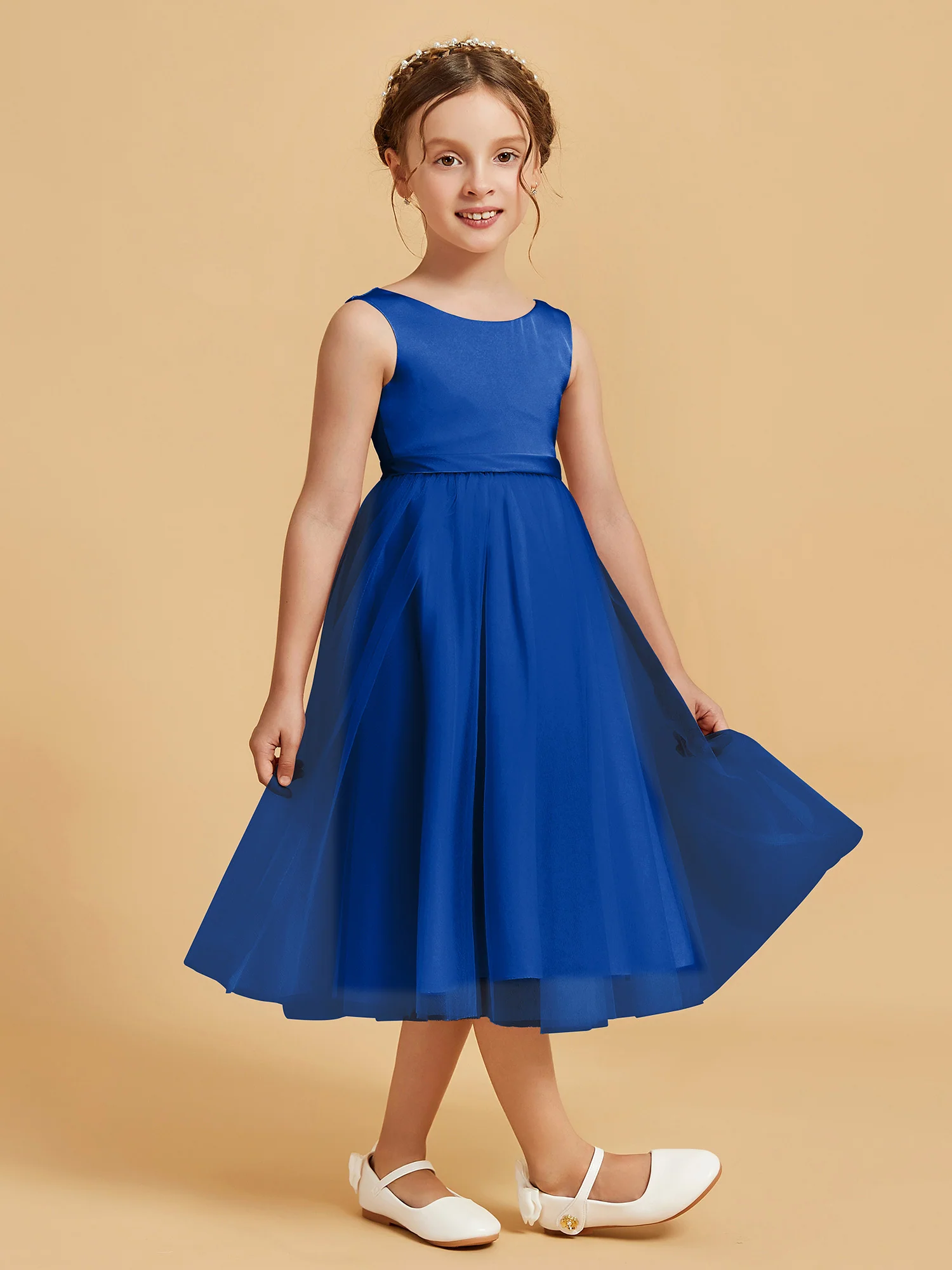 Sleeveless Satin Pleated Girl's Dress Royal Blue - Image 3