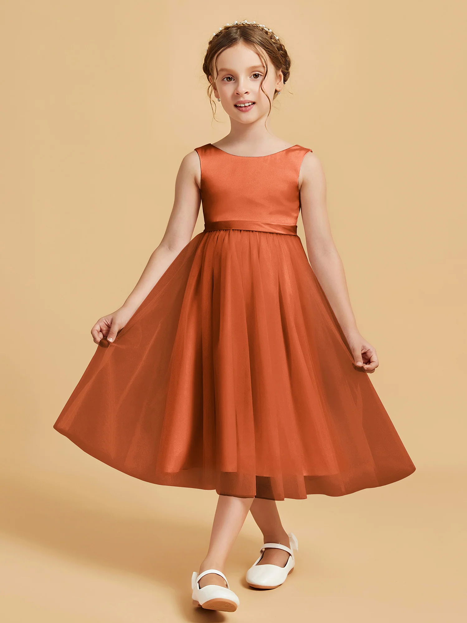Sleeveless Satin Pleated Girl's Dress Rust