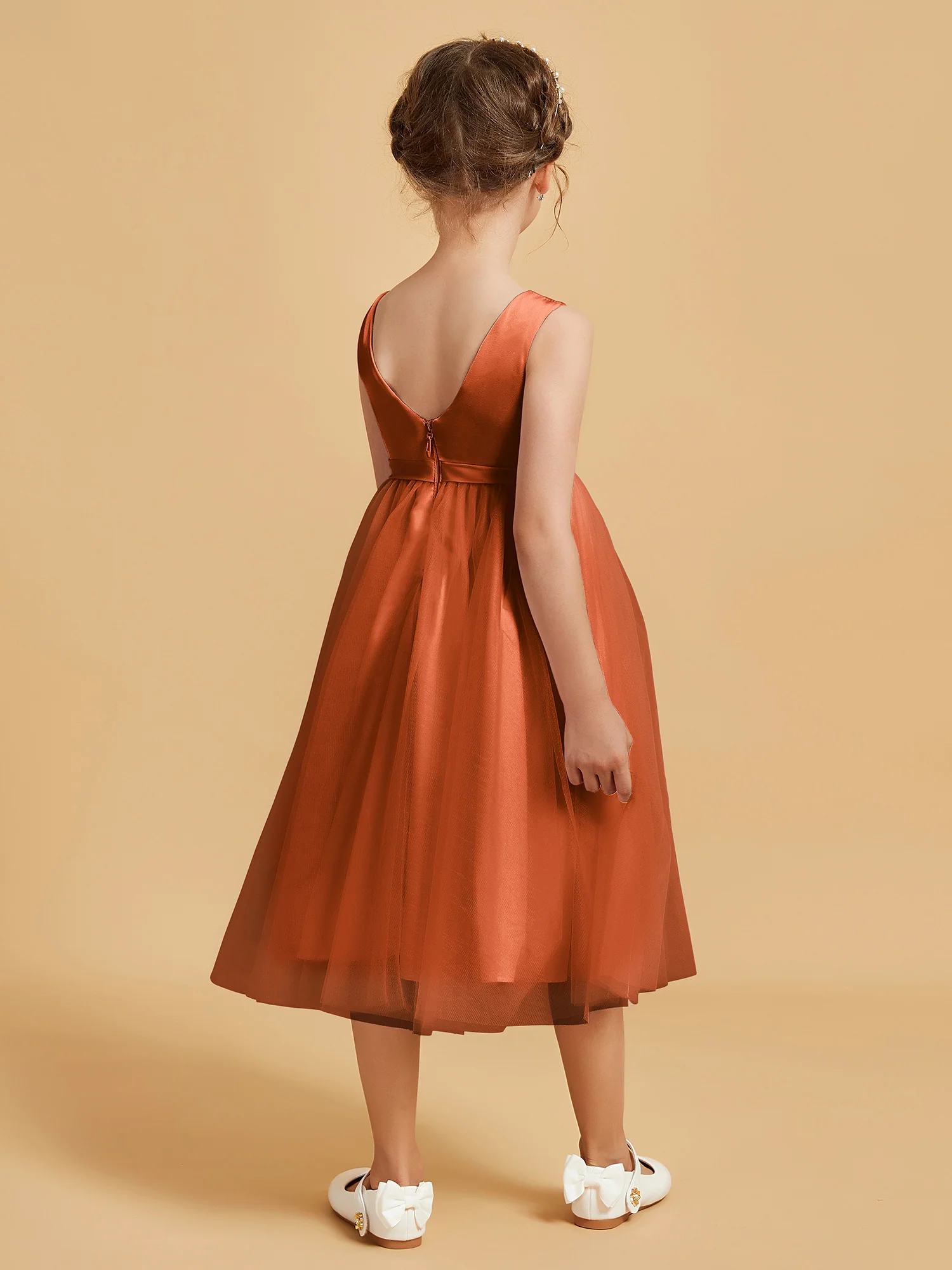 Sleeveless Satin Pleated Girl's Dress Rust - Image 2