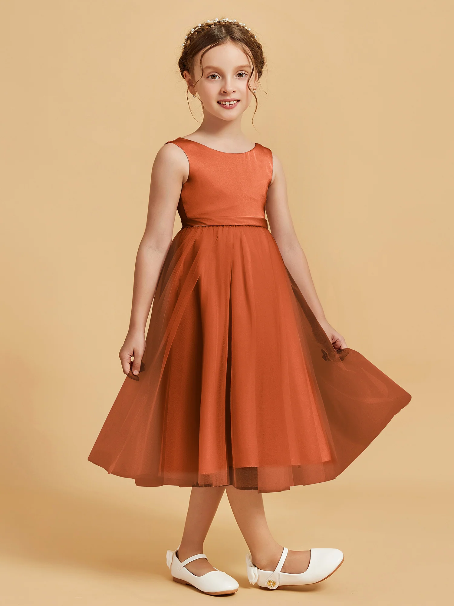 Sleeveless Satin Pleated Girl's Dress Rust - Image 3