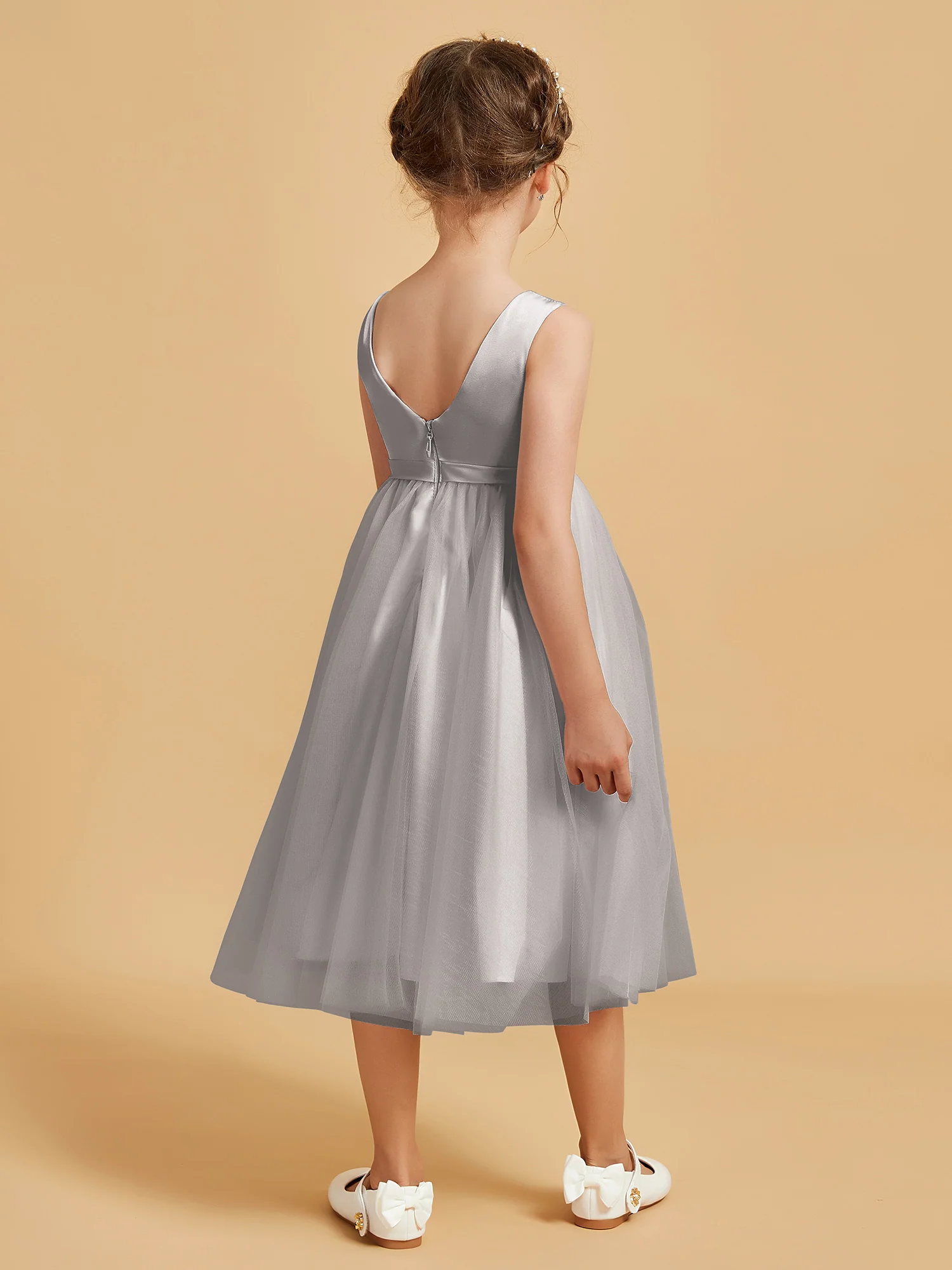 Sleeveless Satin Pleated Girl's Dress Silver - Image 2