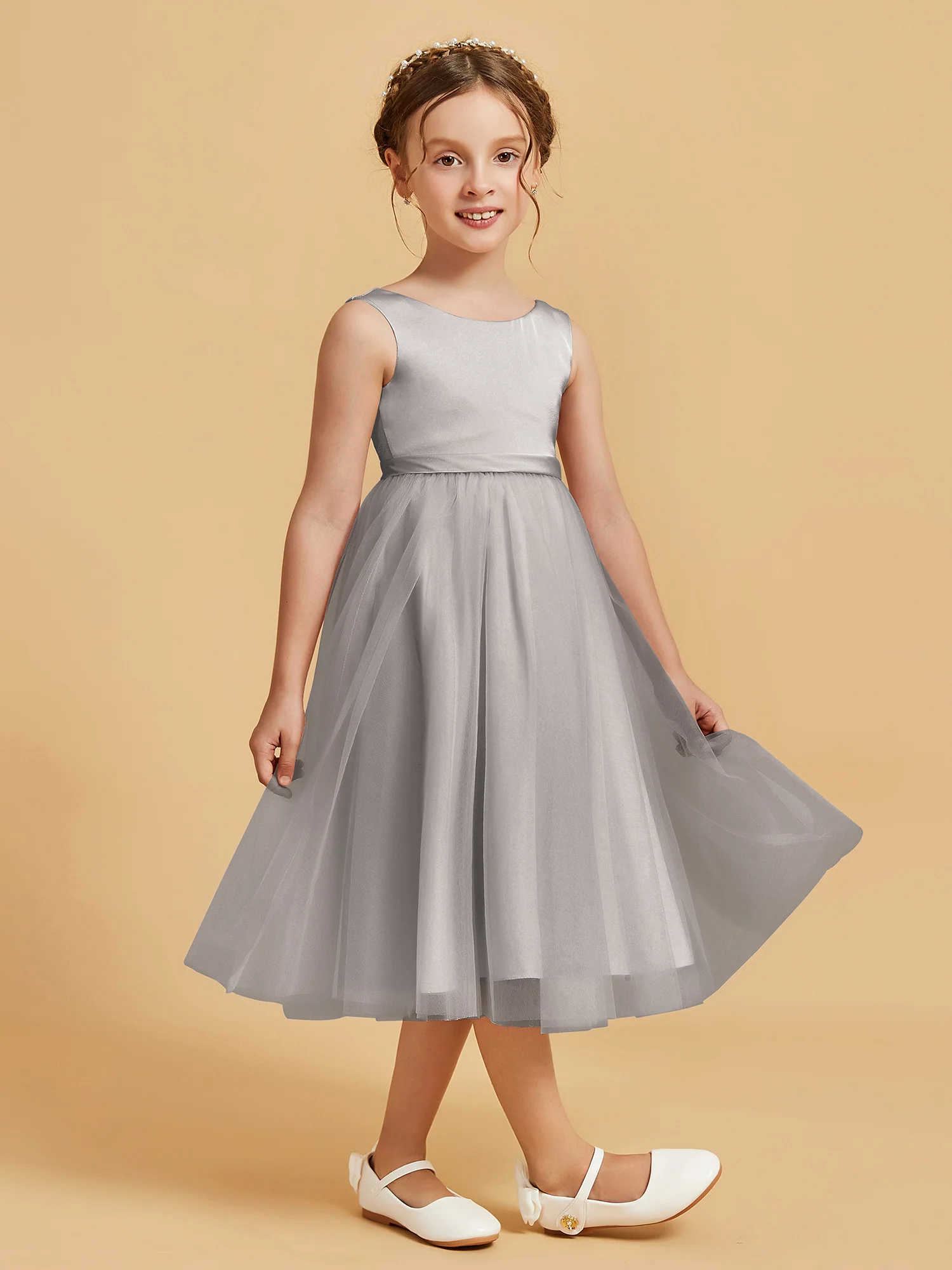 Sleeveless Satin Pleated Girl's Dress Silver - Image 3