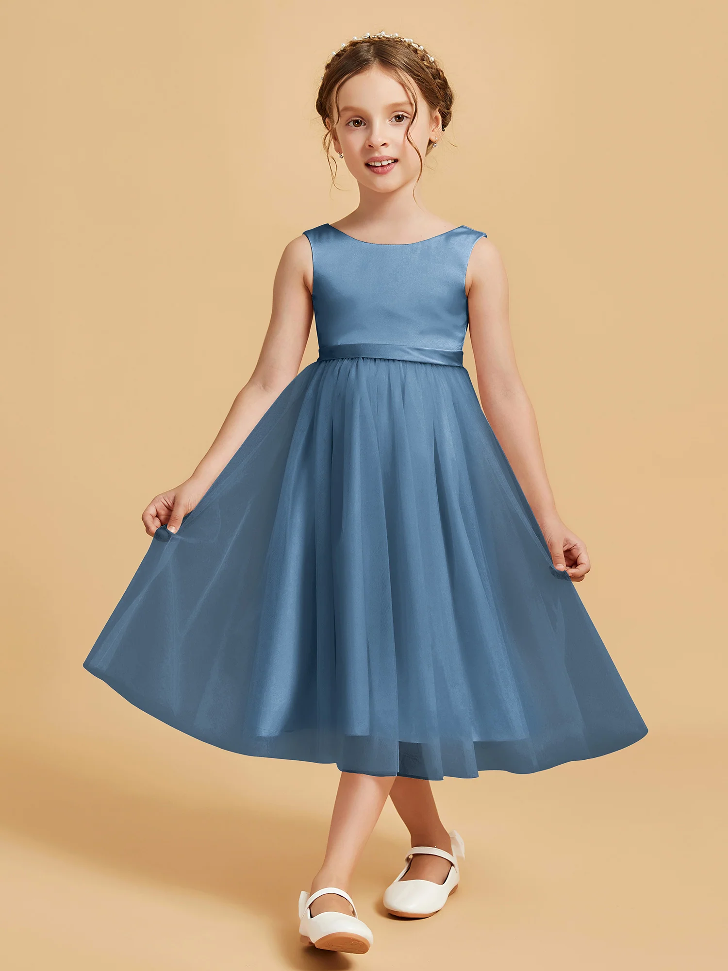 Sleeveless Satin Pleated Girl's Dress Slate Blue
