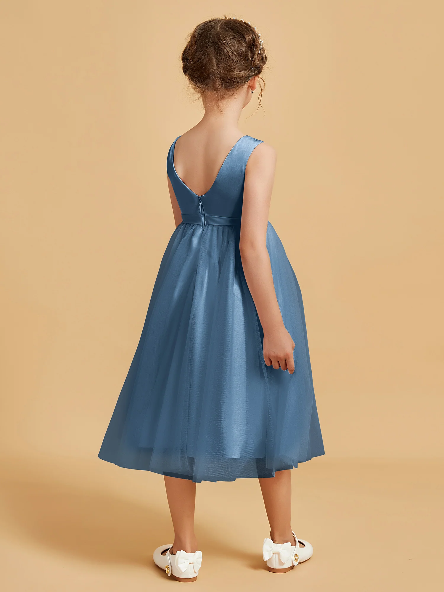 Sleeveless Satin Pleated Girl's Dress Slate Blue - Image 2