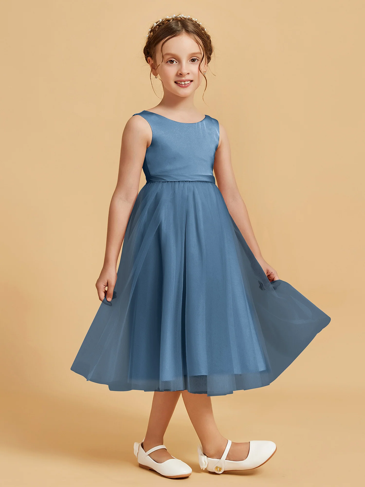 Sleeveless Satin Pleated Girl's Dress Slate Blue - Image 3
