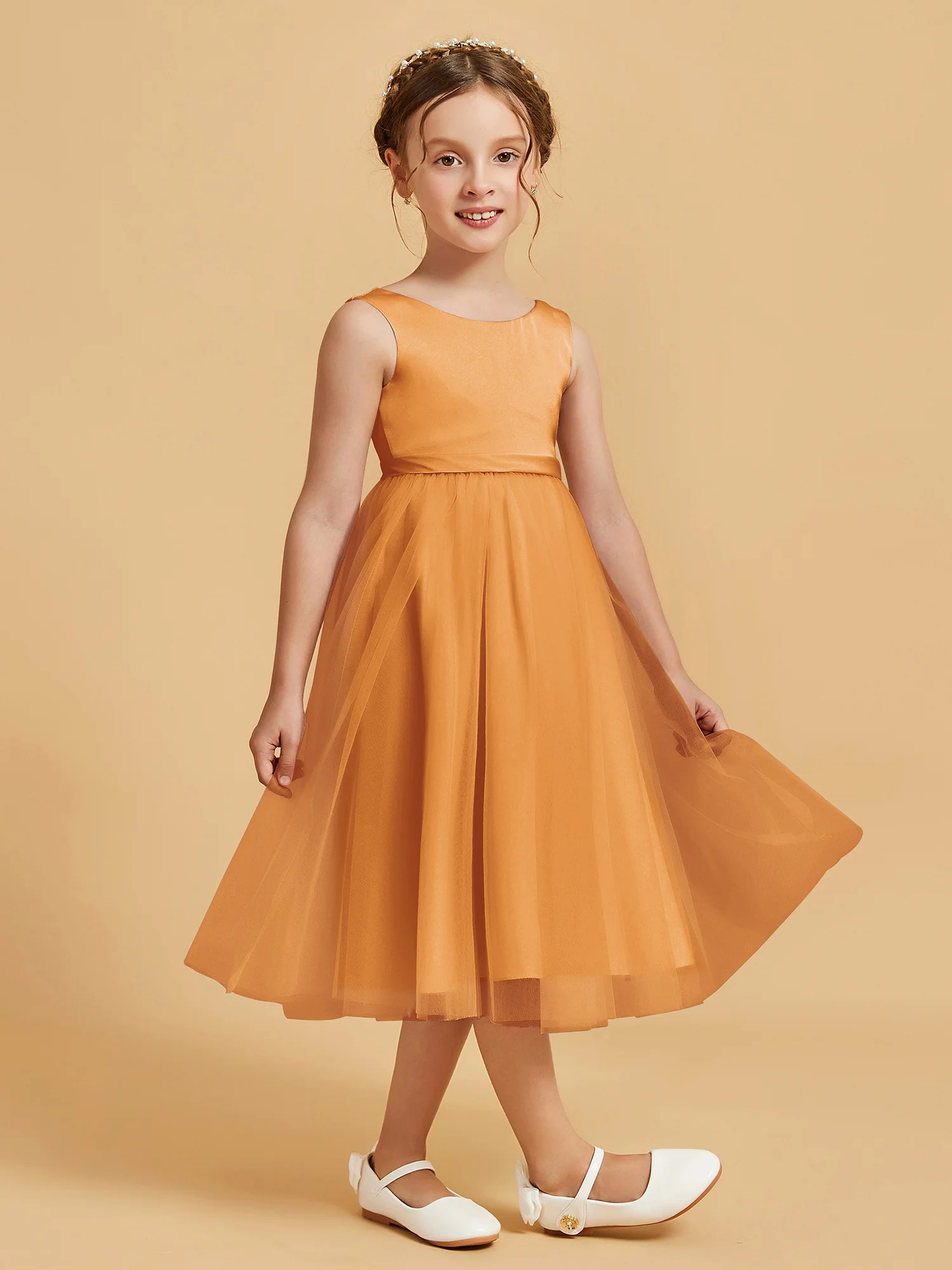Sleeveless Satin Pleated Girl's Dress Tangerine - Image 3
