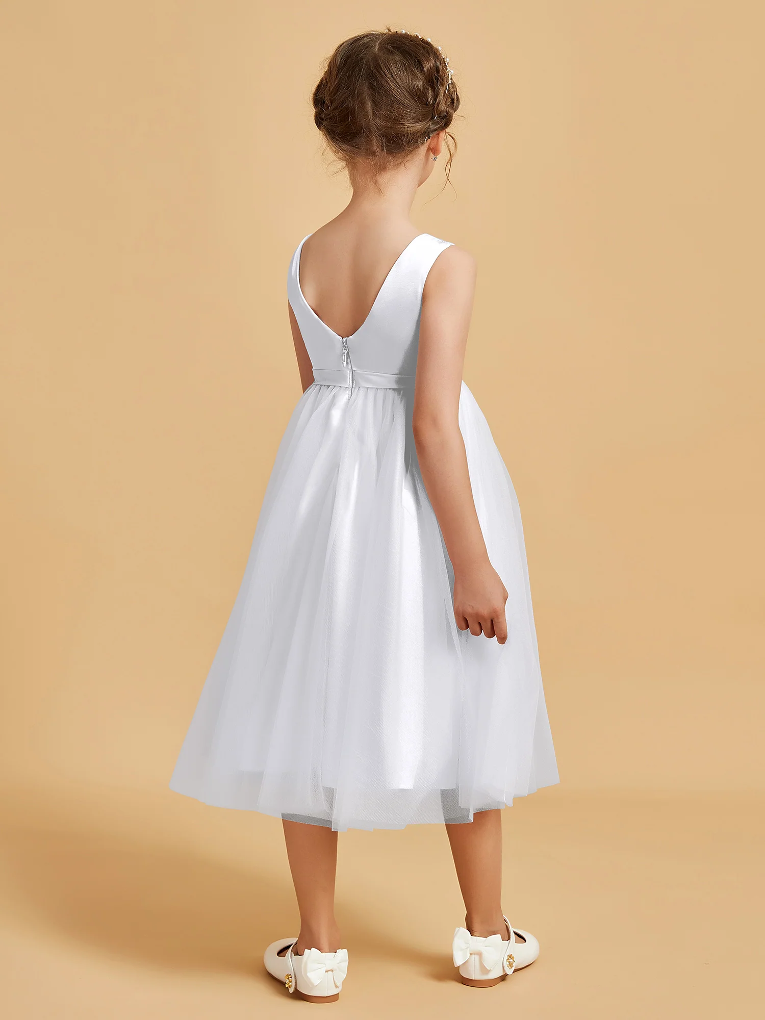 Sleeveless Satin Pleated Girl's Dress White - Image 2