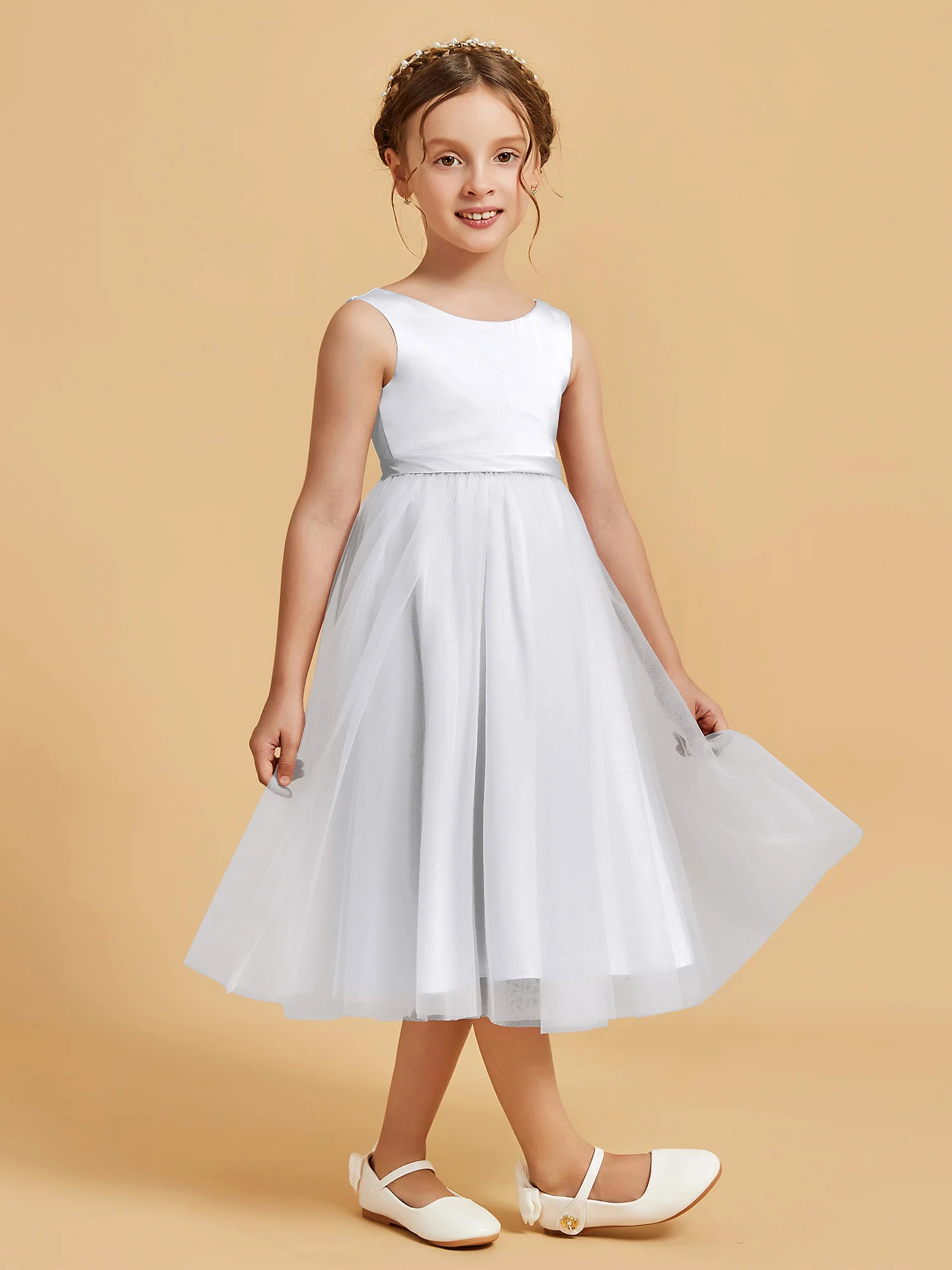 Sleeveless Satin Pleated Girl's Dress White - Image 3