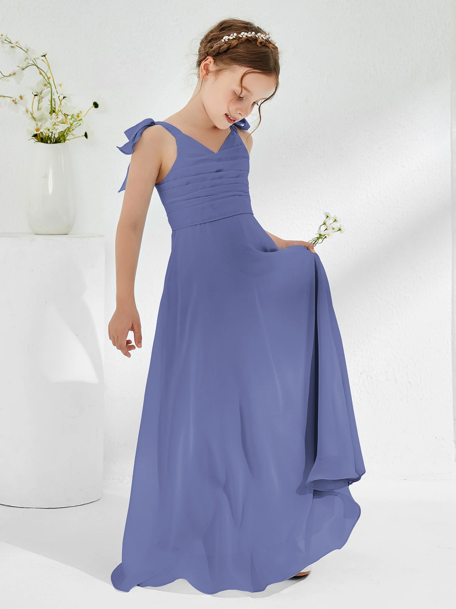 Sleeveless V-neck A-line Junior Bridesmaid Dresses Periwinkle - Image 3