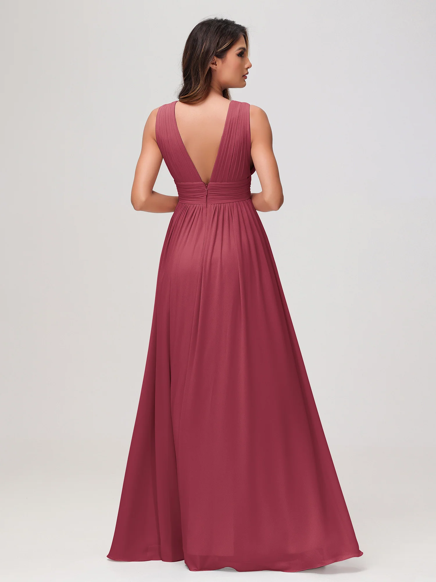 Sleeveless V-neck Chiffon A-line Dress with Slit Cinnamon Rose - Image 2