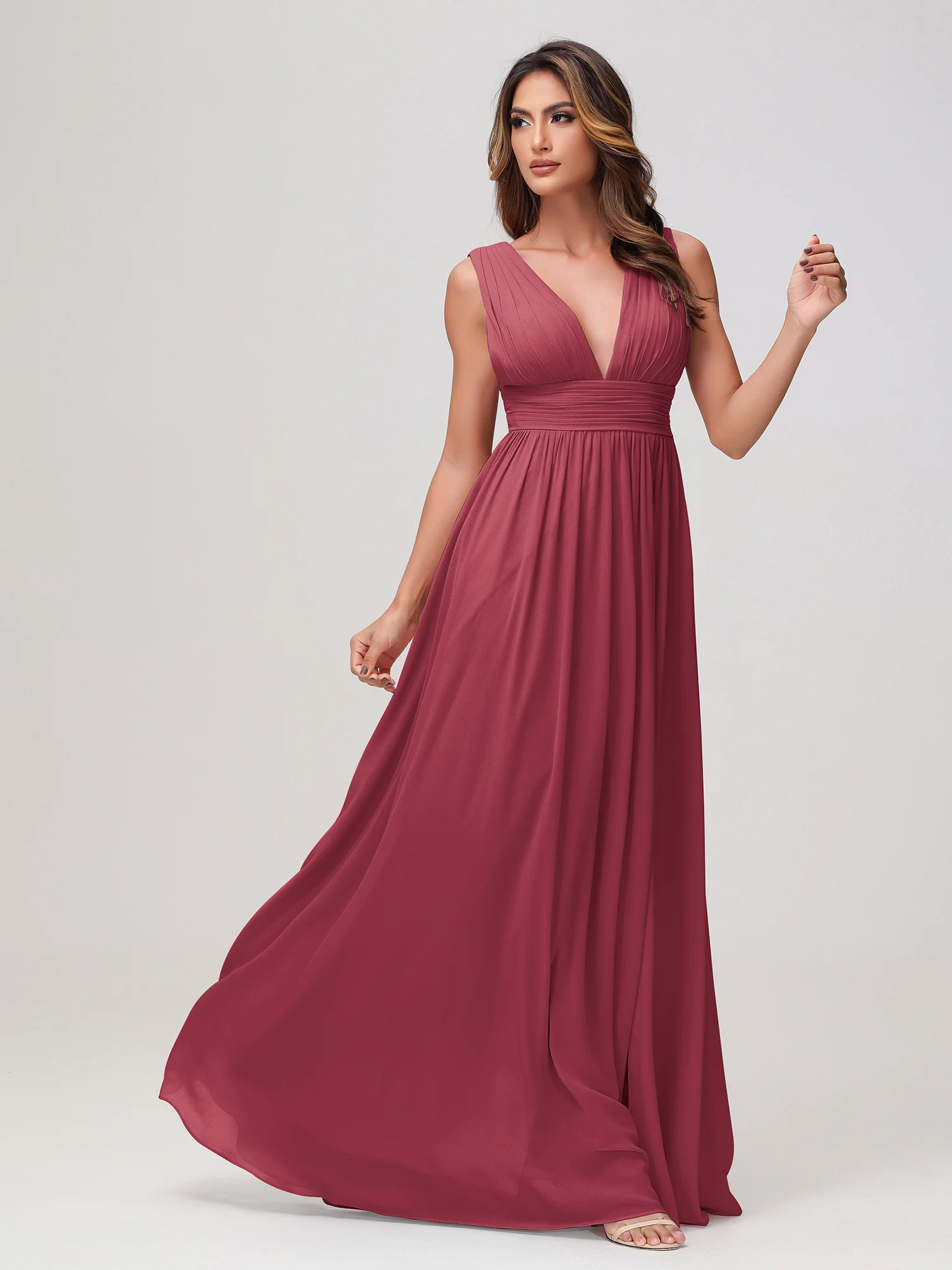Sleeveless V-neck Chiffon A-line Dress with Slit Cinnamon Rose - Image 3