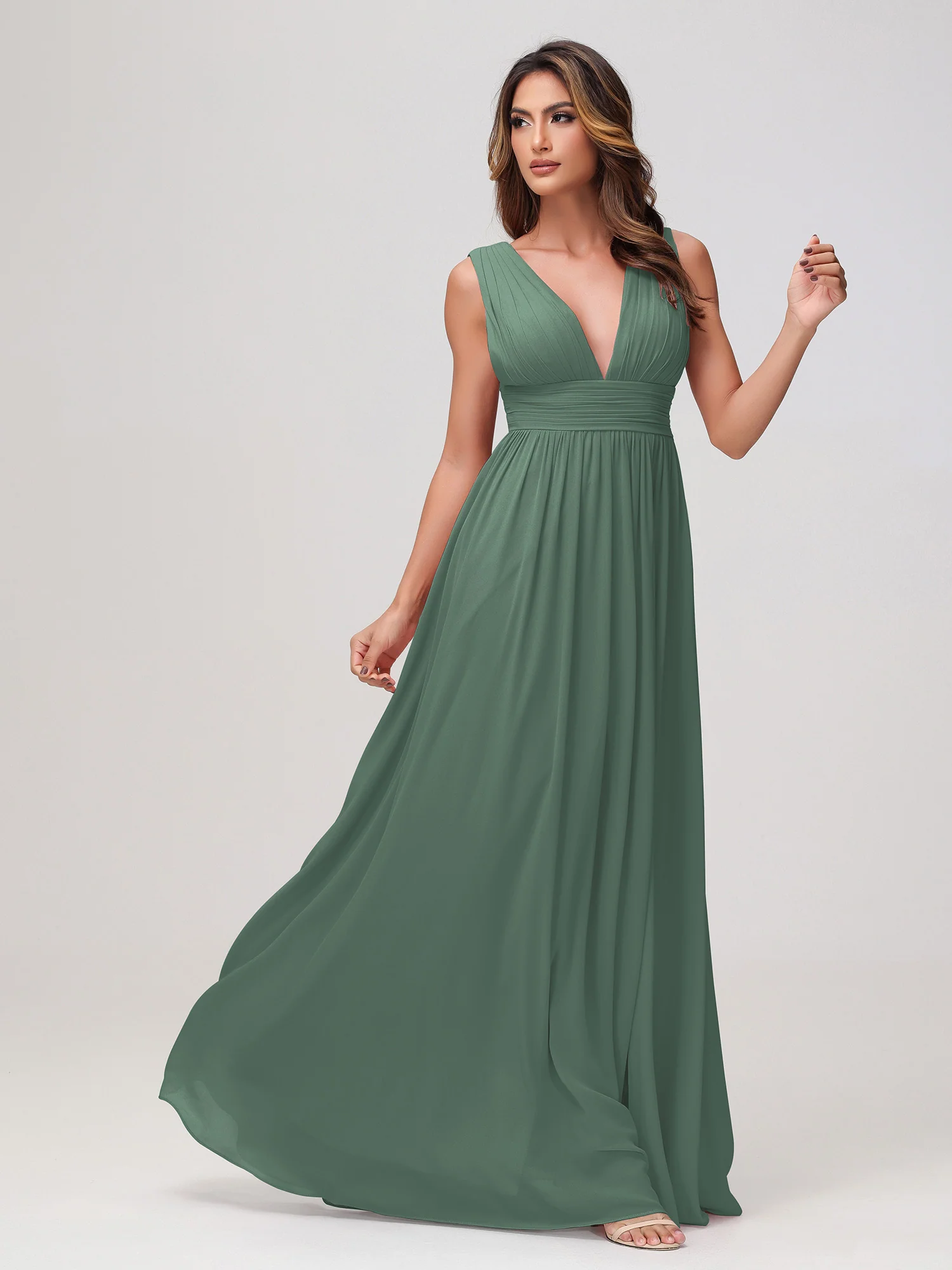 Sleeveless V-neck Chiffon A-line Dress with Slit Eucalyptus - Image 3
