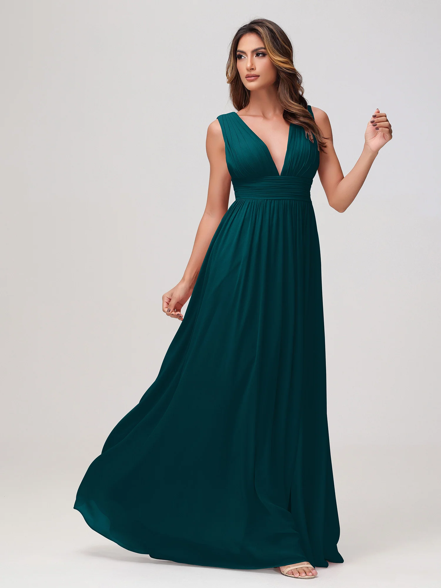 Sleeveless V-neck Chiffon A-line Dress with Slit Pine - Image 3