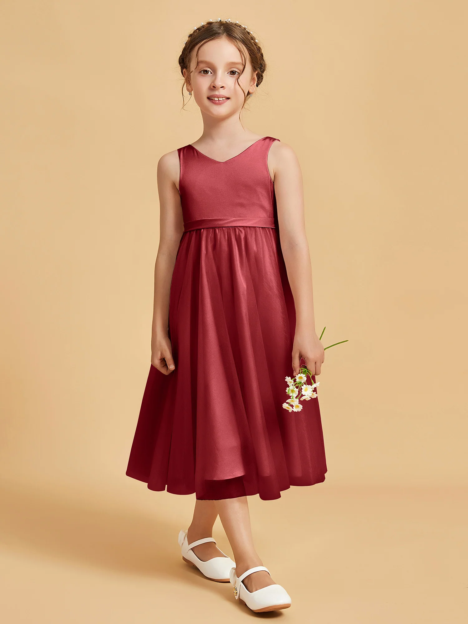 Sleeveless V-Neck Girl's Dress Burgundy