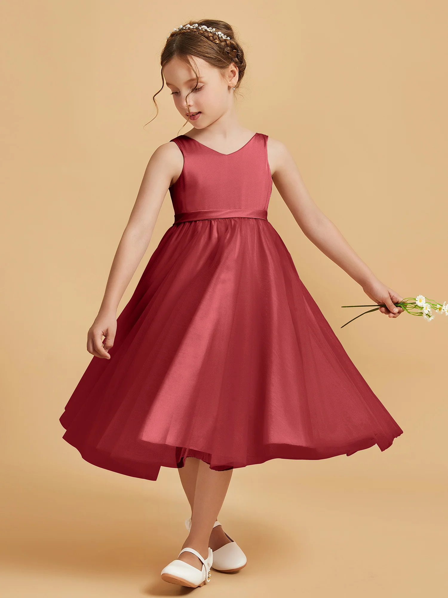 Sleeveless V-Neck Girl's Dress Burgundy - Image 3