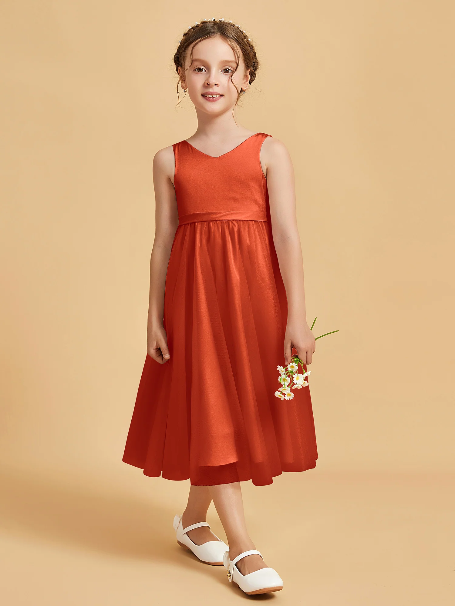 Sleeveless V-Neck Girl's Dress Burnt Orange