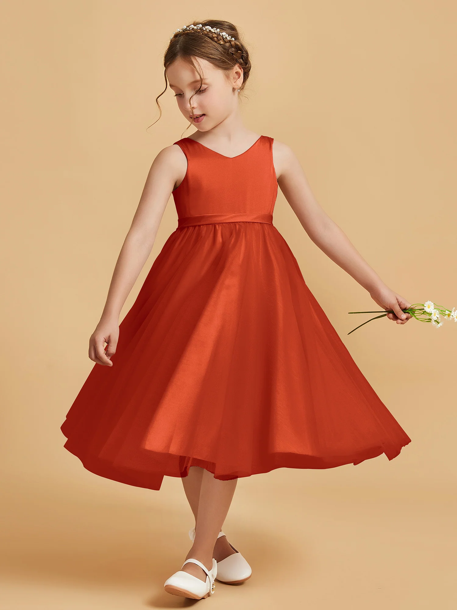Sleeveless V-Neck Girl's Dress Burnt Orange - Image 3