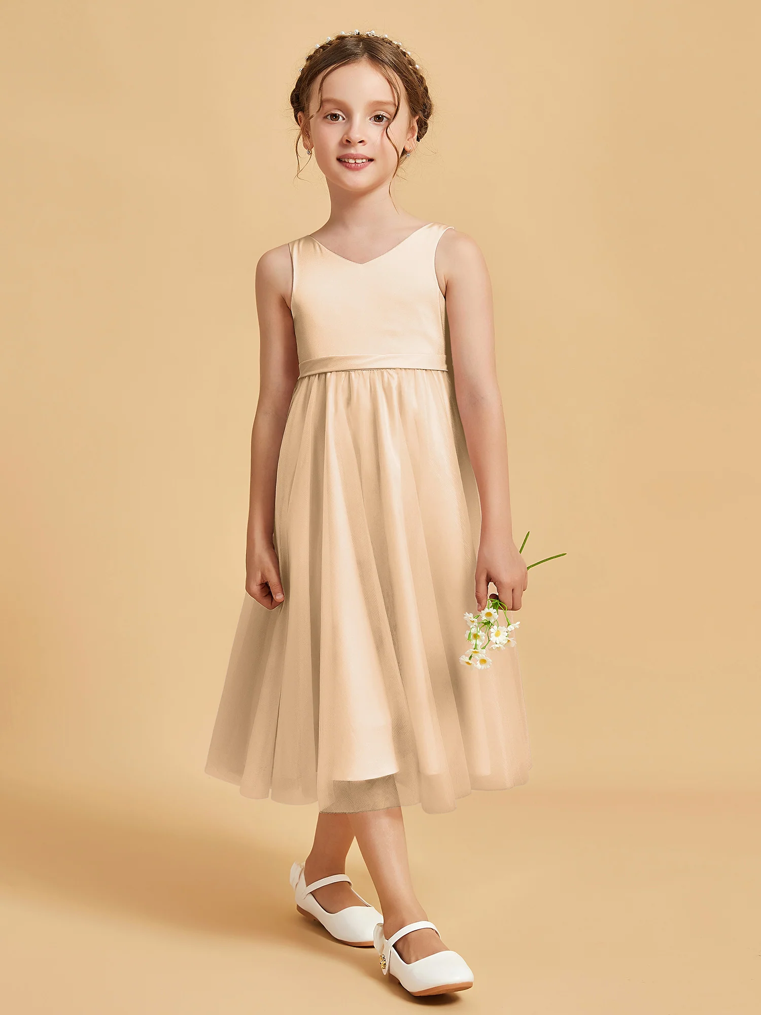 Sleeveless V-Neck Girl's Dress Champagne