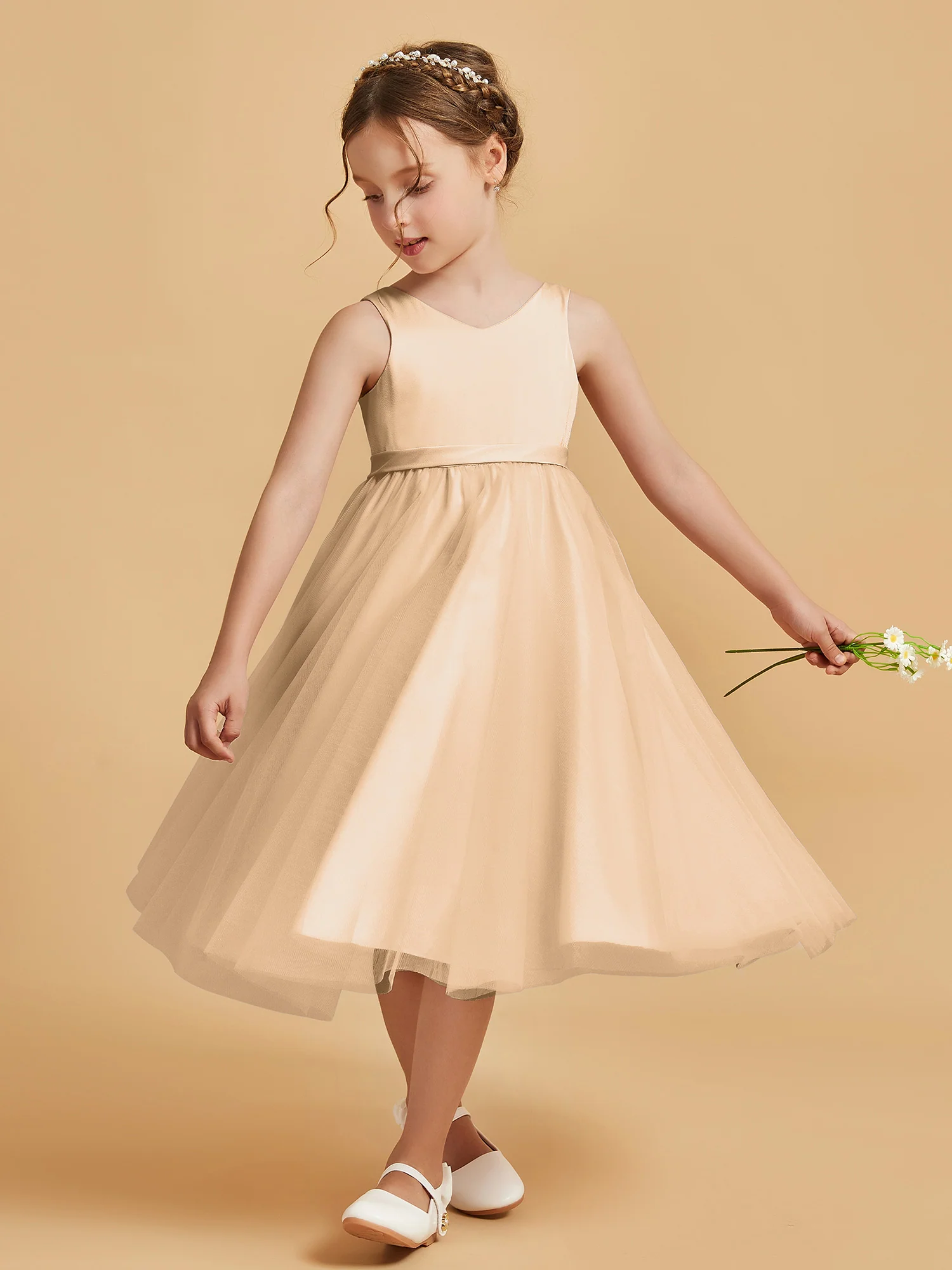 Sleeveless V-Neck Girl's Dress Champagne - Image 3
