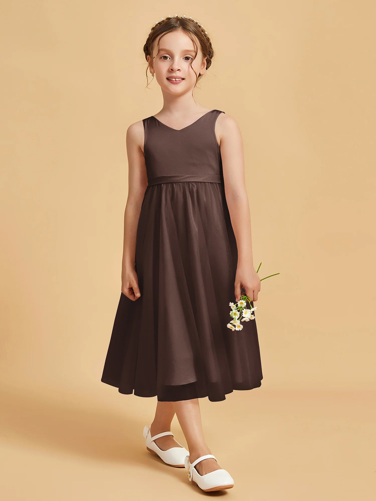 Sleeveless V-Neck Girl's Dress Chocolate