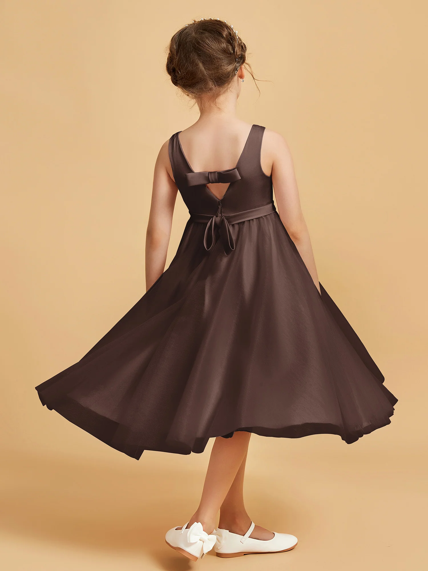Sleeveless V-Neck Girl's Dress Chocolate - Image 2