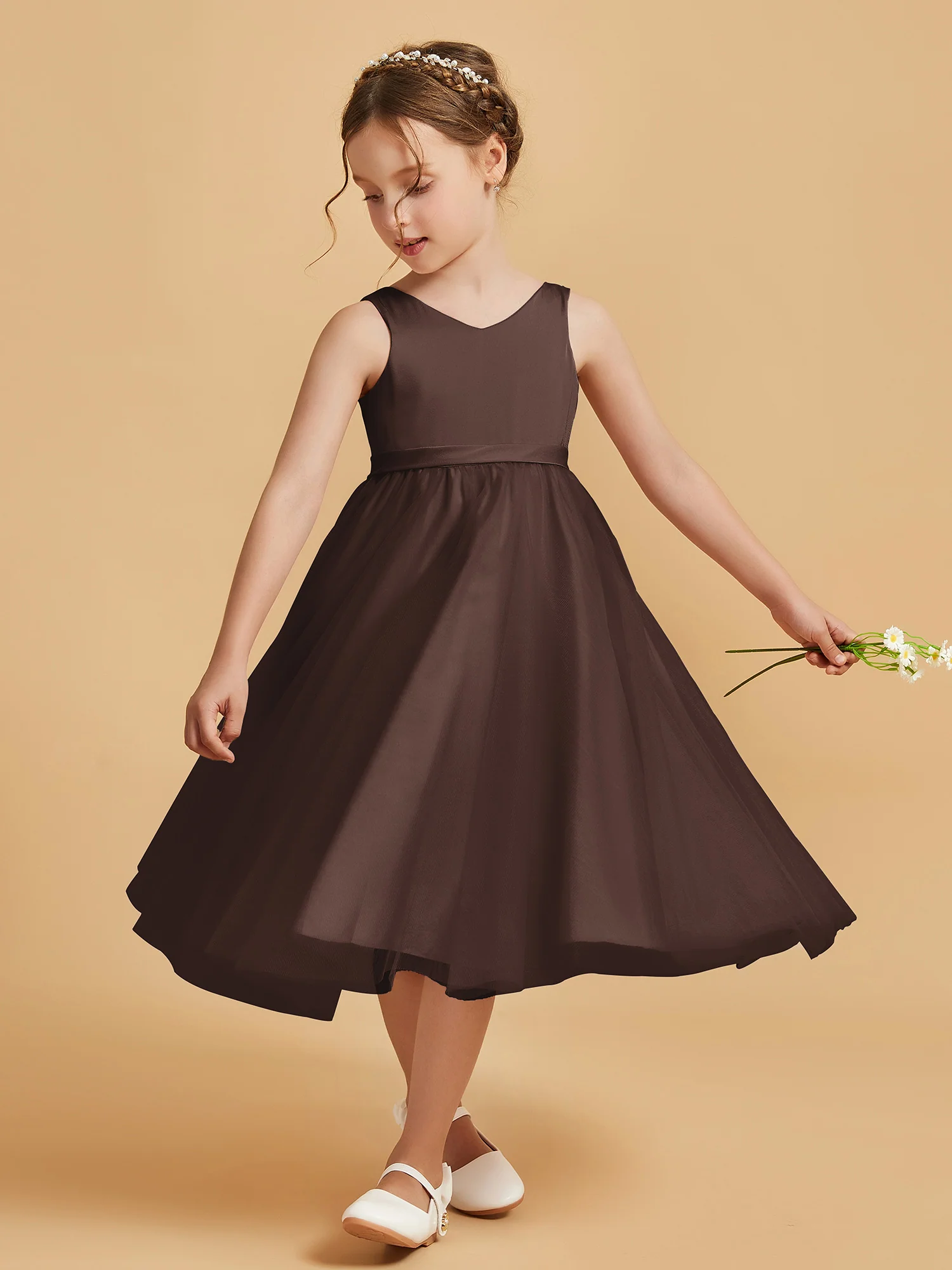 Sleeveless V-Neck Girl's Dress Chocolate - Image 3