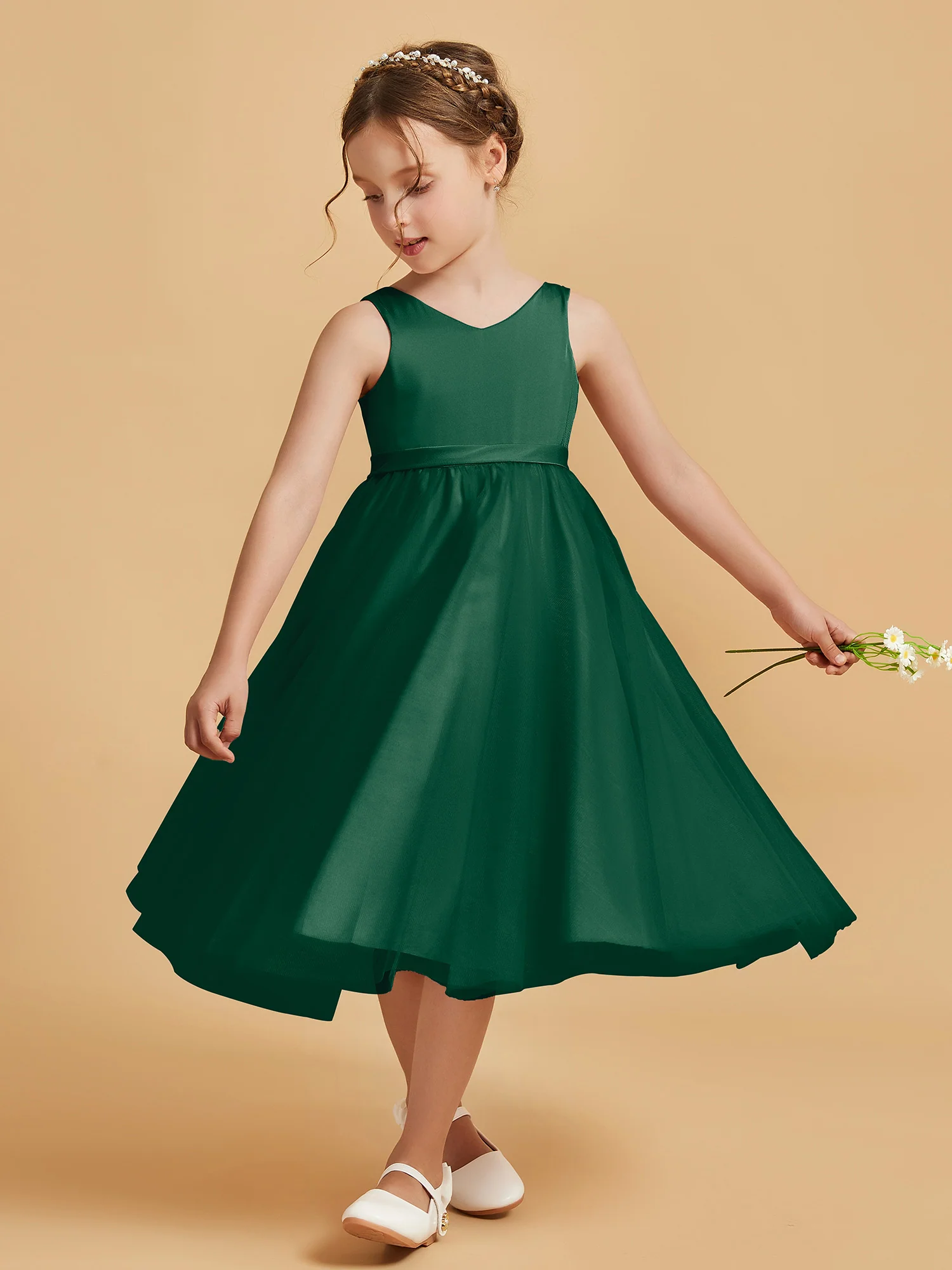 Sleeveless V-Neck Girl's Dress Dark Green - Image 3