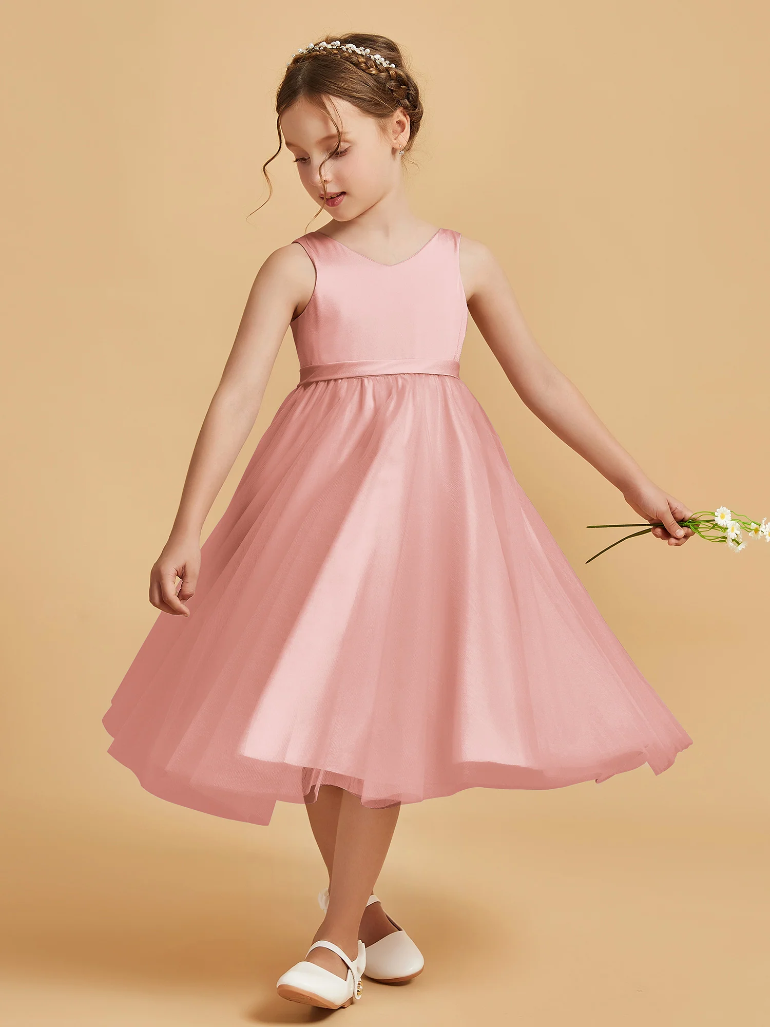 Sleeveless V-Neck Girl's Dress Dusty Rose - Image 3