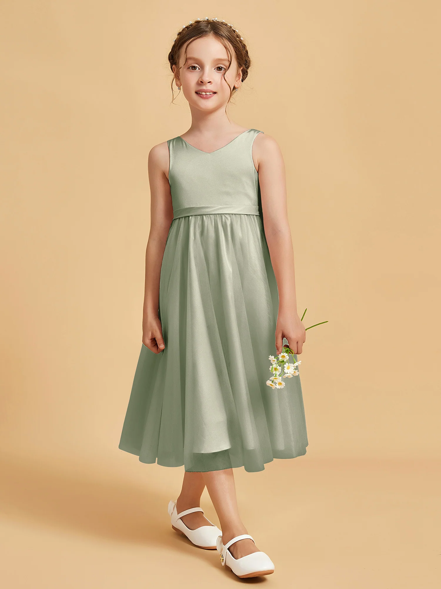 Sleeveless V-Neck Girl's Dress Dusty Sage