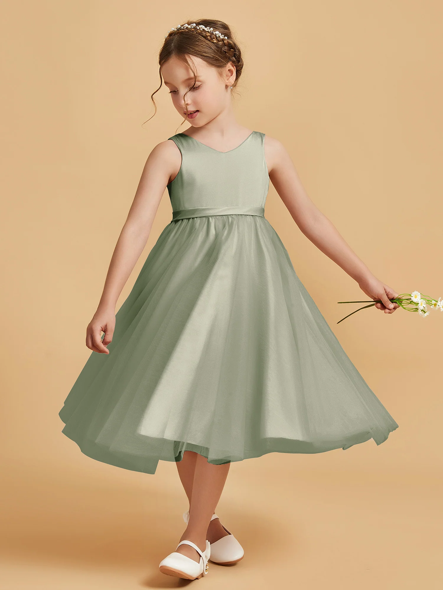 Sleeveless V-Neck Girl's Dress Dusty Sage - Image 3