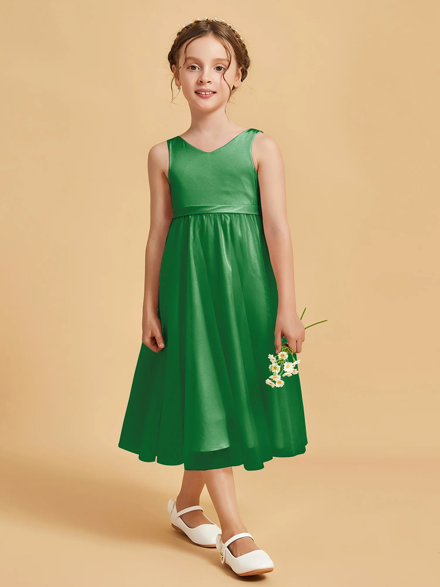 Sleeveless V-Neck Girl's Dress Emerald