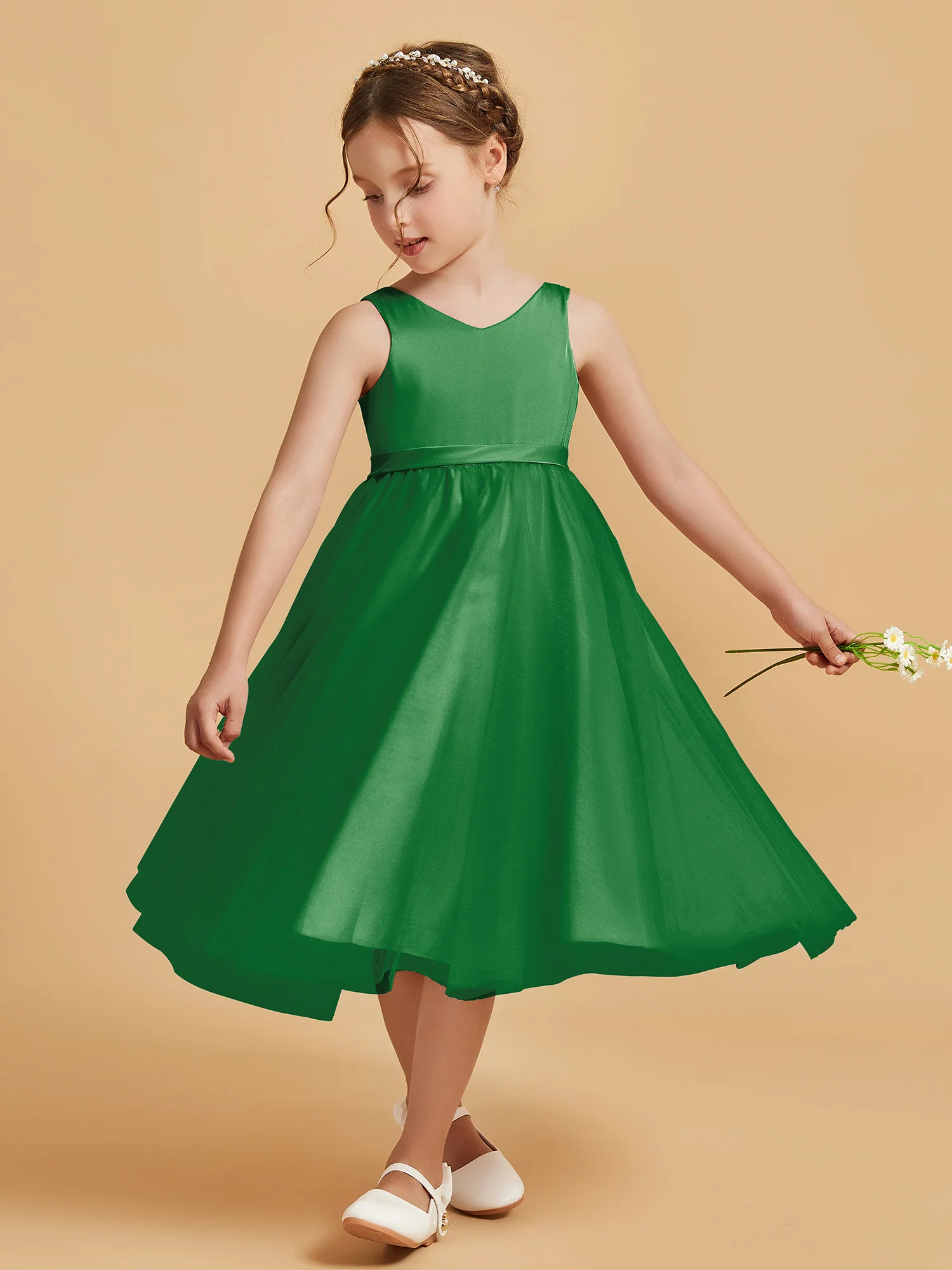 Sleeveless V-Neck Girl's Dress Emerald - Image 3