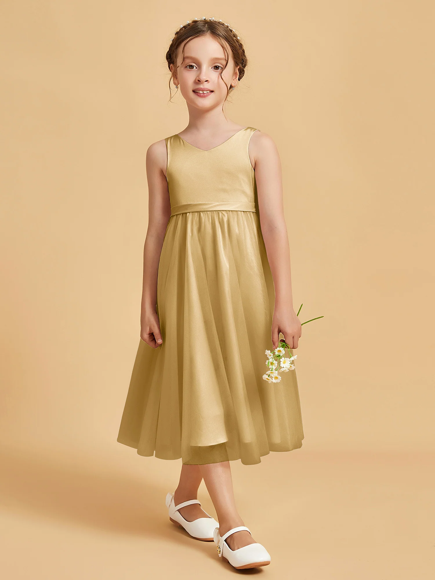 Sleeveless V-Neck Girl's Dress Gold
