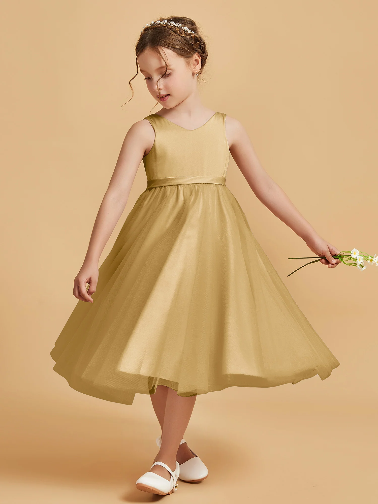 Sleeveless V-Neck Girl's Dress Gold - Image 3